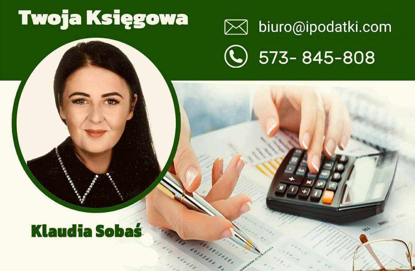 Zdjęcie wizytówki: portret kobiety w okręgu, obok dłonie używające kalkulatora i długopisu na dokumentach, z danymi kontaktowymi w zielonej ramce.