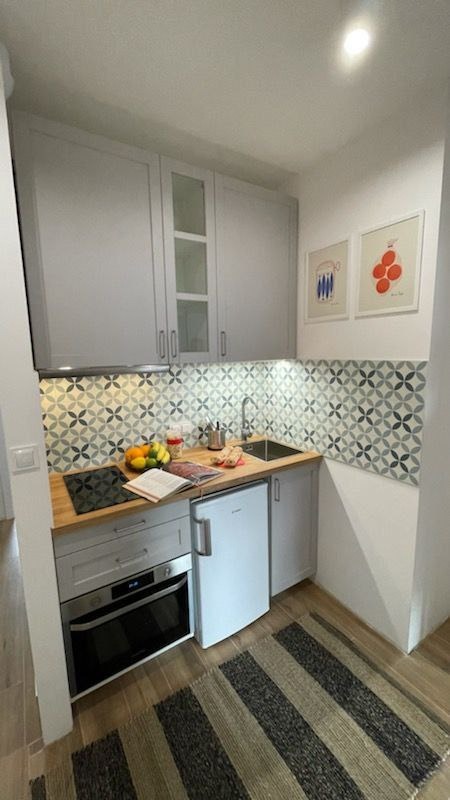 Funkcjonalna, szara kuchnia w bloku z drewnianym blatem, mozaikową ścianą nad blatem, małą lodówką pod blatem i wzorzystym dywanikiem.