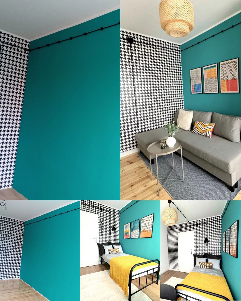 Pokój po remoncie: ściana w kolorze turkusowym zestawiona z tapetą w pepitkę, widoczne meble: szara sofa, łóżko z żółtą narzutą, okrągły stolik i lampa z abażurem z wikliny.