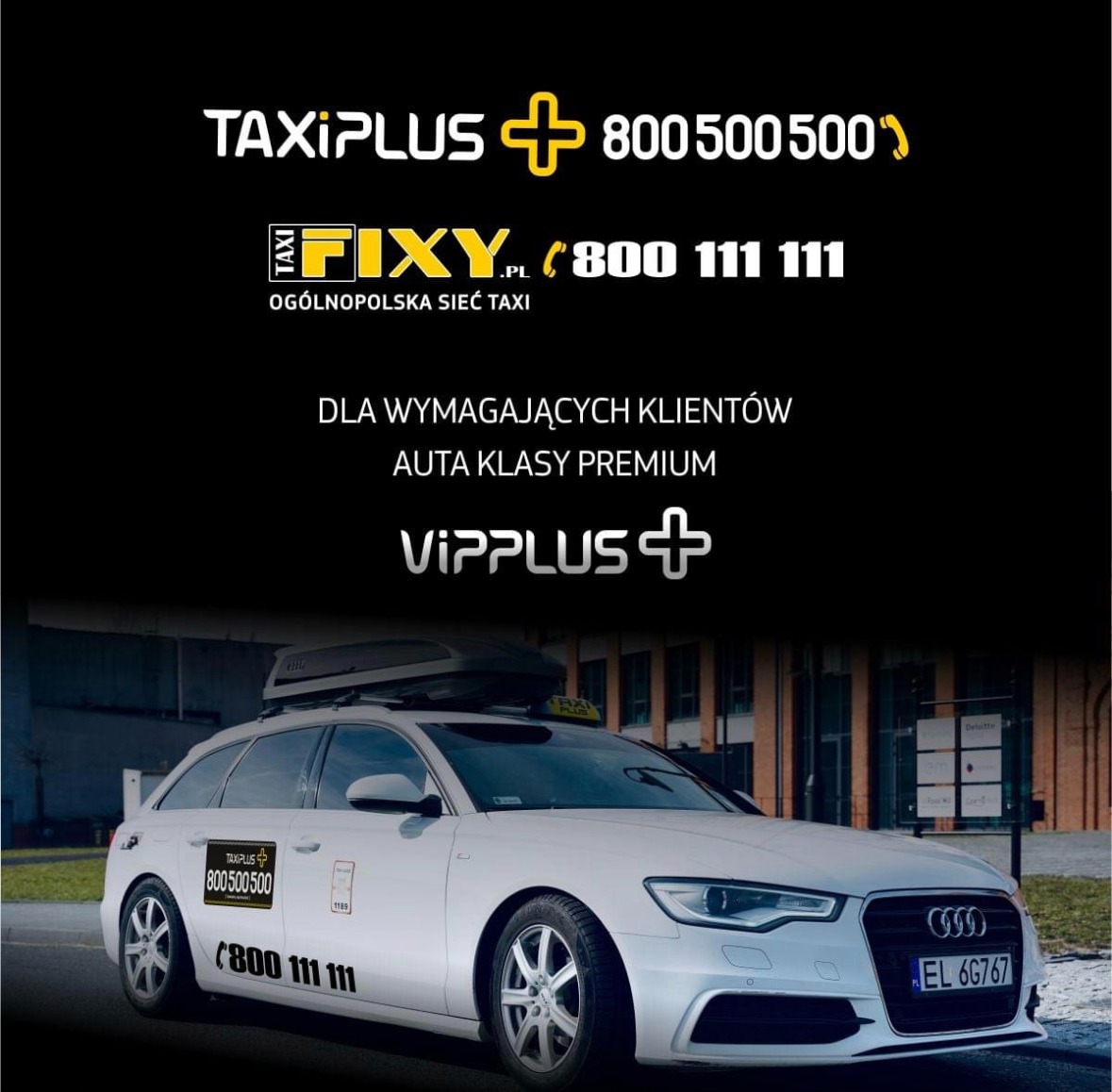 Białe kombi Audi z bagażnikiem dachowym i oznaczeniami TaxiPlus i Fixy na tle budynku biurowego.