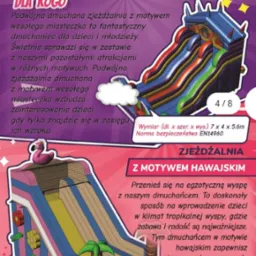 Grafika reklamowa prezentująca dwie dmuchane zjeżdżalnie: podwójną z motywem wesołego miasteczka oraz z motywem hawajskim, wraz z informacjami o wymiarach i normach bezpieczeństwa.