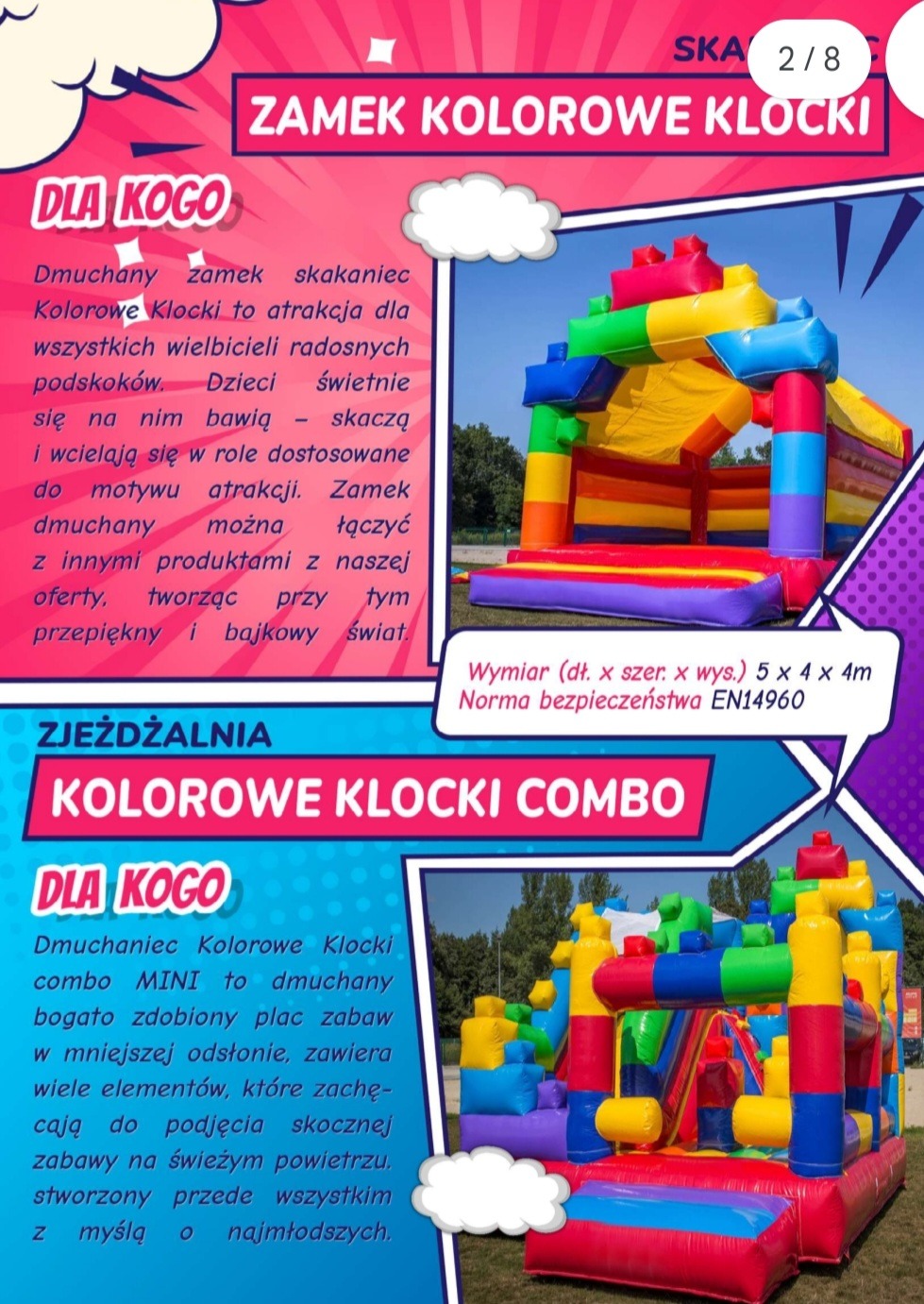 Dmuchany zamek w kształcie kolorowych klocków, zjeżdżalnia i elementy do skakania, prezentowany na grafice reklamowej z tekstem o atrakcjach dla dzieci i normach bezpieczeństwa EN14960.