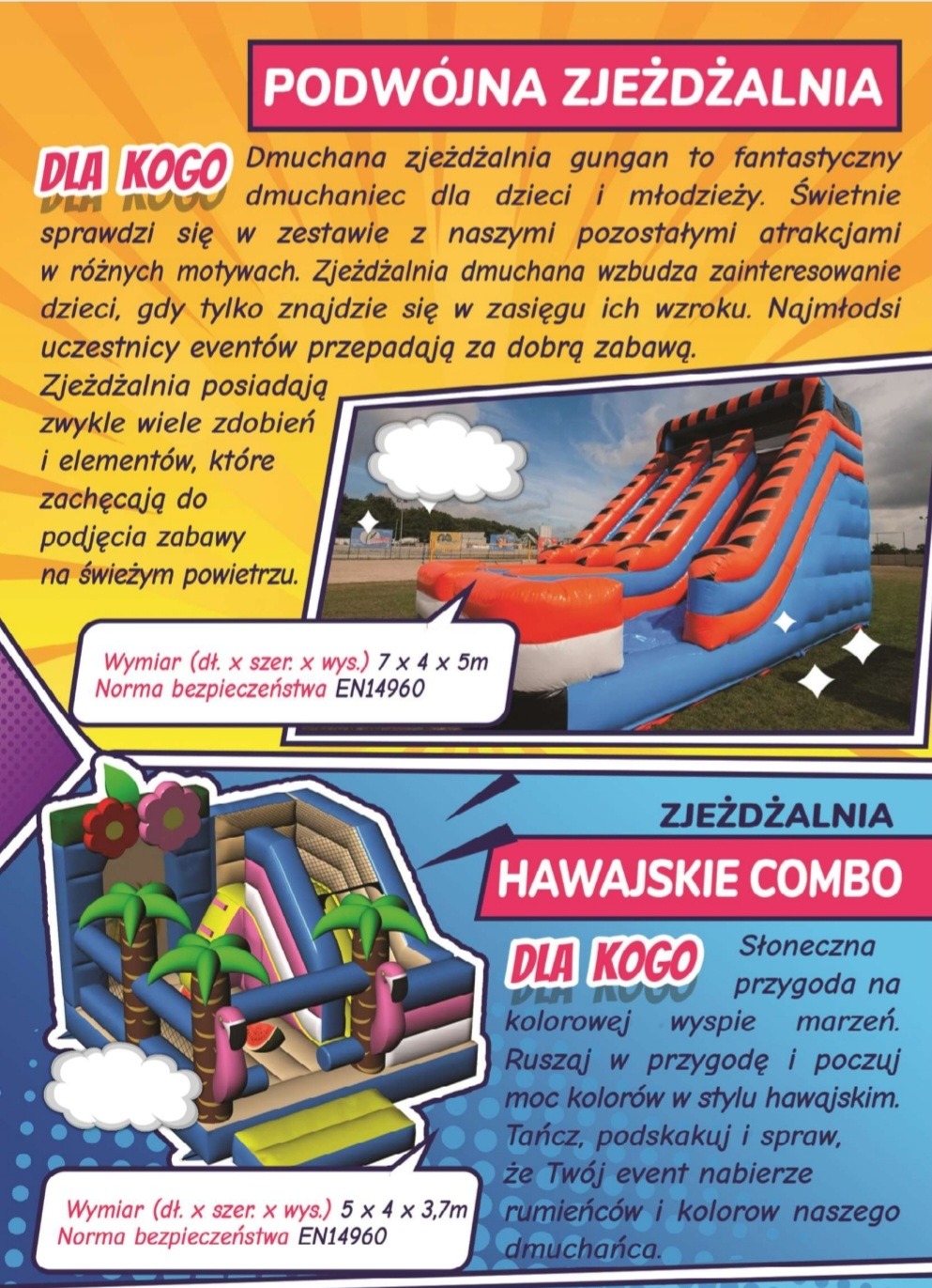 Grafika reklamowa prezentująca dwie dmuchane zjeżdżalnie: podwójną, pomarańczowo-niebieską zjeżdżalnię Gungan oraz zjeżdżalnię Hawajskie Combo z motywami palm i flamingów, wraz z informacjami...