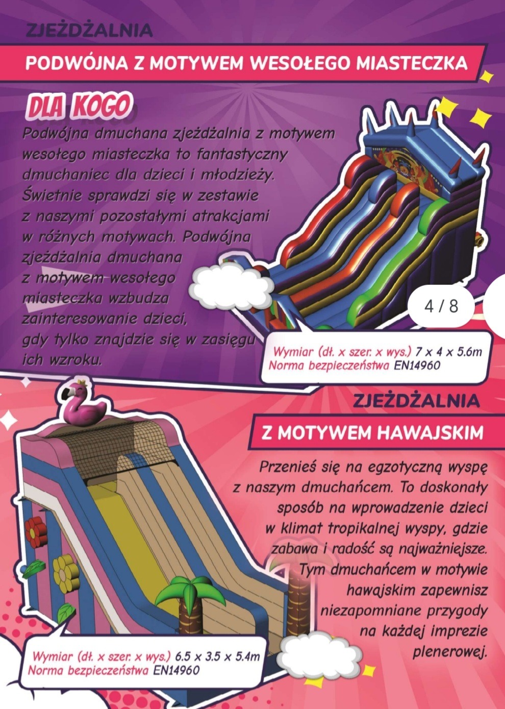 Grafika reklamowa prezentująca dwie dmuchane zjeżdżalnie: podwójną z motywem wesołego miasteczka oraz z motywem hawajskim, wraz z informacjami o wymiarach i normach bezpieczeństwa.