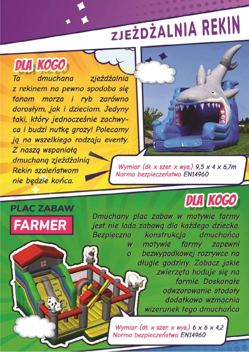 Ulotka reklamowa prezentująca dmuchaną zjeżdżalnię w kształcie rekina oraz dmuchany plac zabaw Farmer, oba produkty z podanymi wymiarami i normą bezpieczeństwa EN14960.