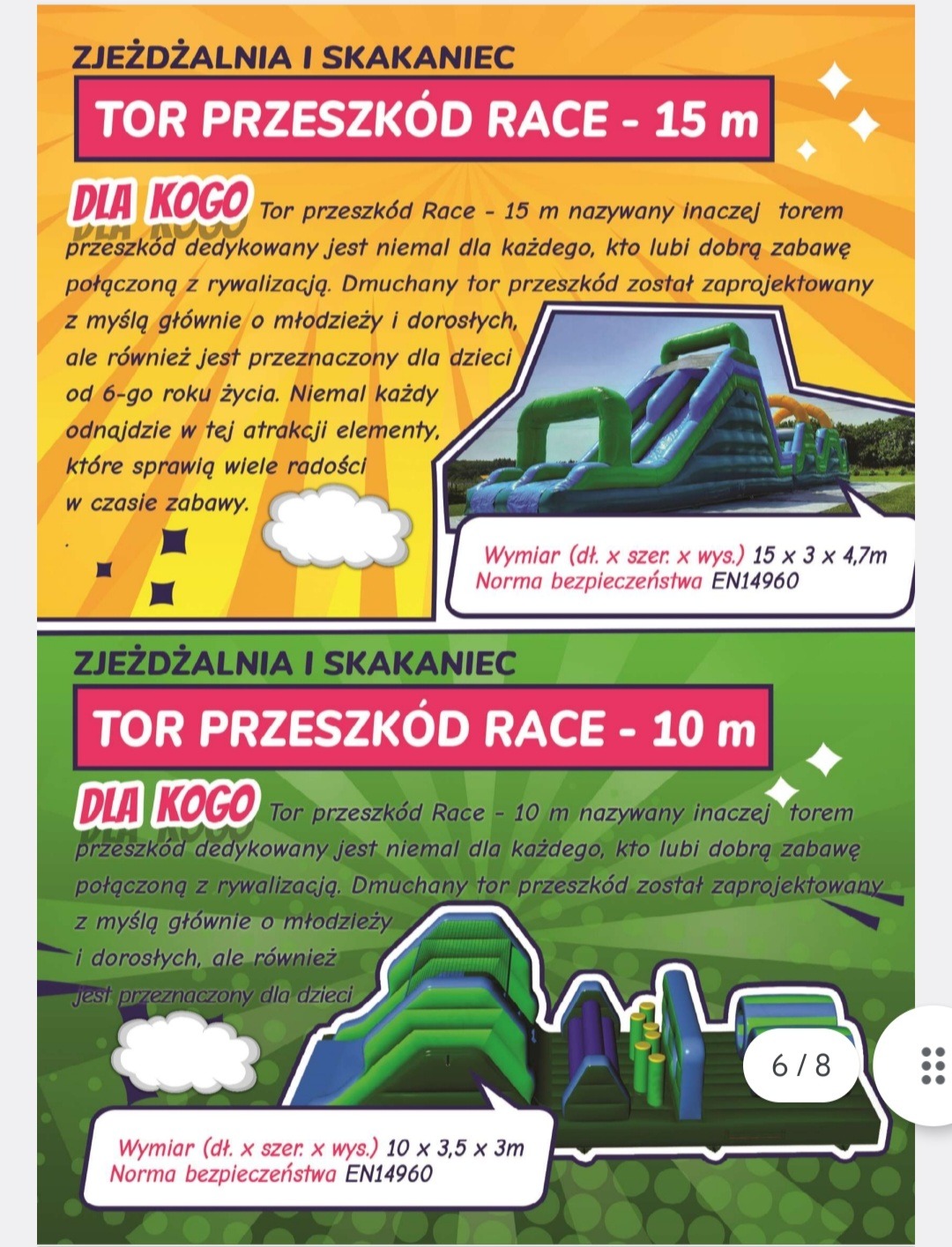 Ulotka reklamowa prezentująca dwa dmuchane tory przeszkód, jeden o długości 15 metrów, drugi o długości 10 metrów, z informacjami o wymiarach i normach bezpieczeństwa.