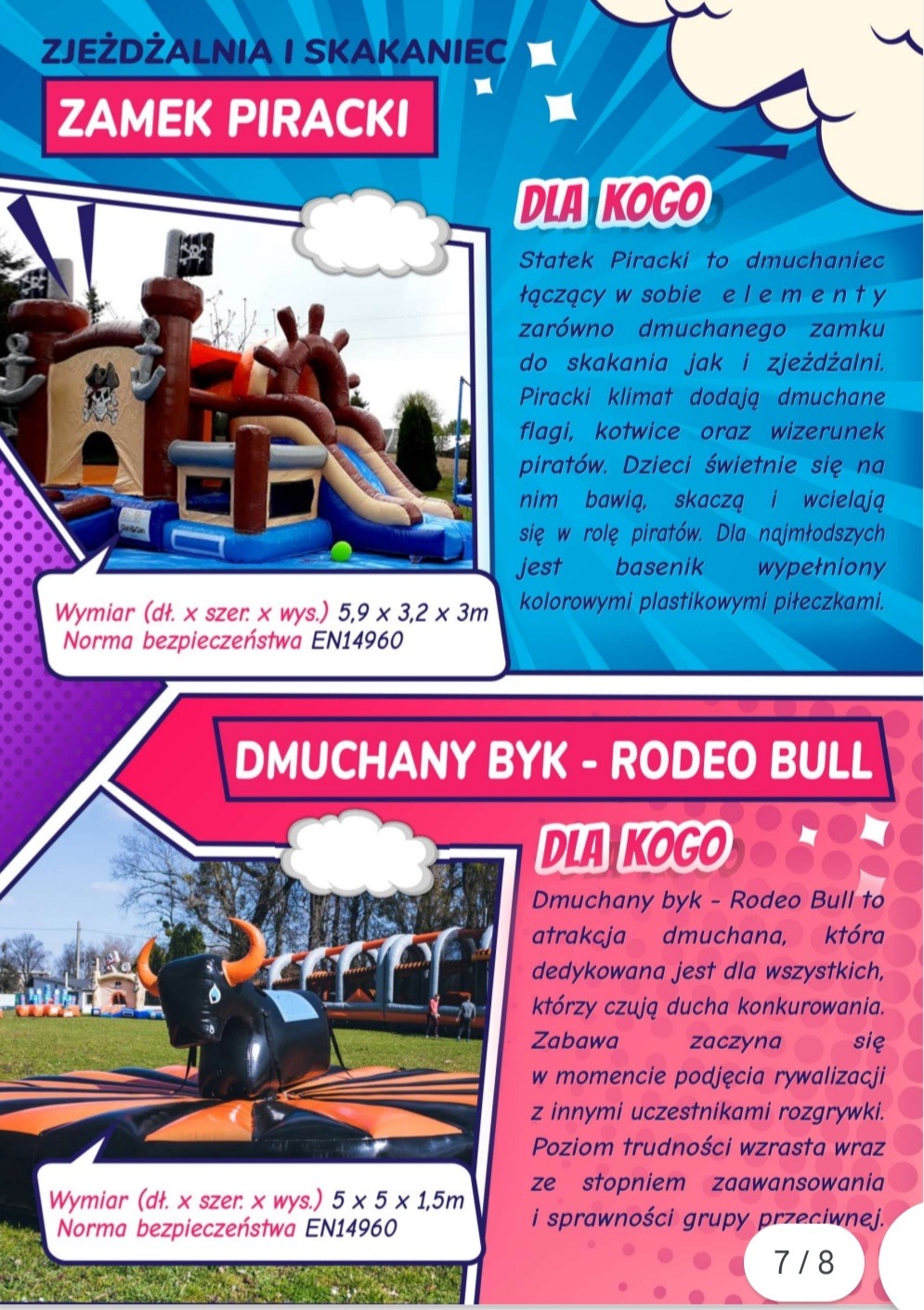 Ulotka reklamowa przedstawiająca dwa dmuchane urządzenia: zamek piracki ze zjeżdżalnią i basenem z piłeczkami oraz dmuchany byk rodeo na pomarańczowo-czarnej macie.