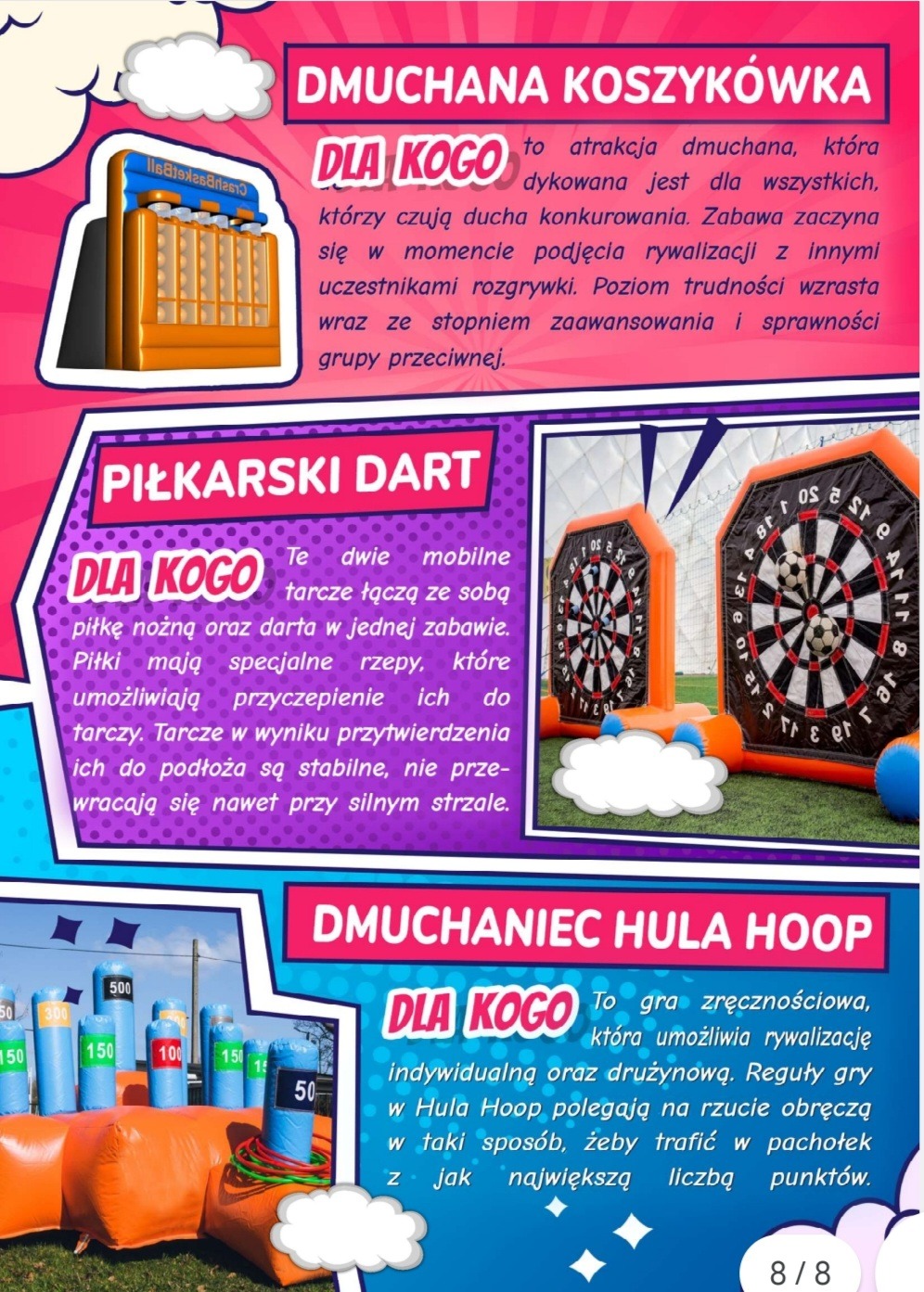 Kompozycja graficzna prezentująca trzy różne dmuchane atrakcje: koszykówkę, piłkarski dart z tarczami i piłkami oraz dmuchaniec hula hoop z pachołkami i obręczami, z krótkimi opisami zasad gry...