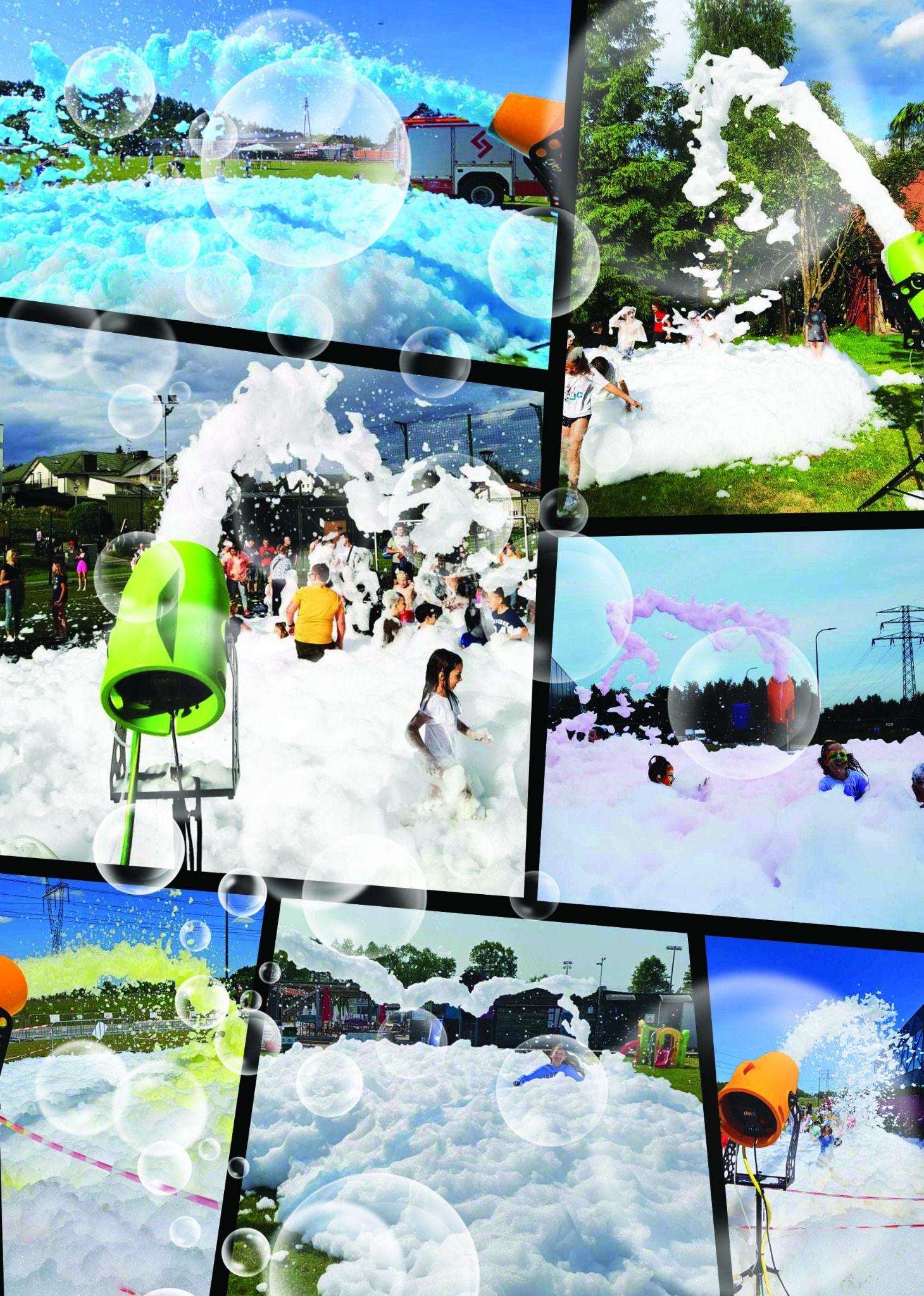 Fotokompozycja przedstawiająca różne ujęcia z imprezy z pianą, w tym dzieci bawiące się w pianie, armatki pianowe w kolorach zielonym i pomarańczowym, oraz duże bańki mydlane unoszące się w powietrzu.