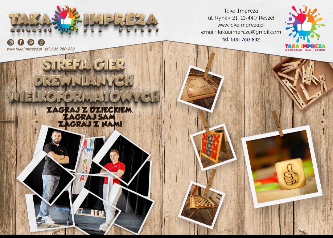 Kompozycja zdjęć na drewnianym tle przedstawiająca ofertę firmy 'Taka Impreza': drewniane gry wielkoformatowe, animatorzy, logo firmy i dane kontaktowe.