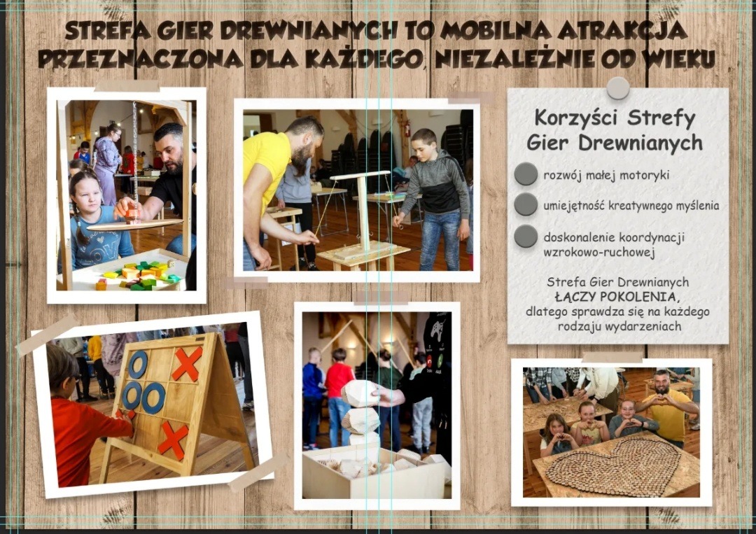 Kompozycja zdjęć prezentująca strefę gier drewnianych: dziecko układa kolorowe klocki pod nadzorem dorosłego, gra w kółko i krzyżyk, buduje wieżę z drewnianych klocków oraz grupa dzieci pozuje przy...