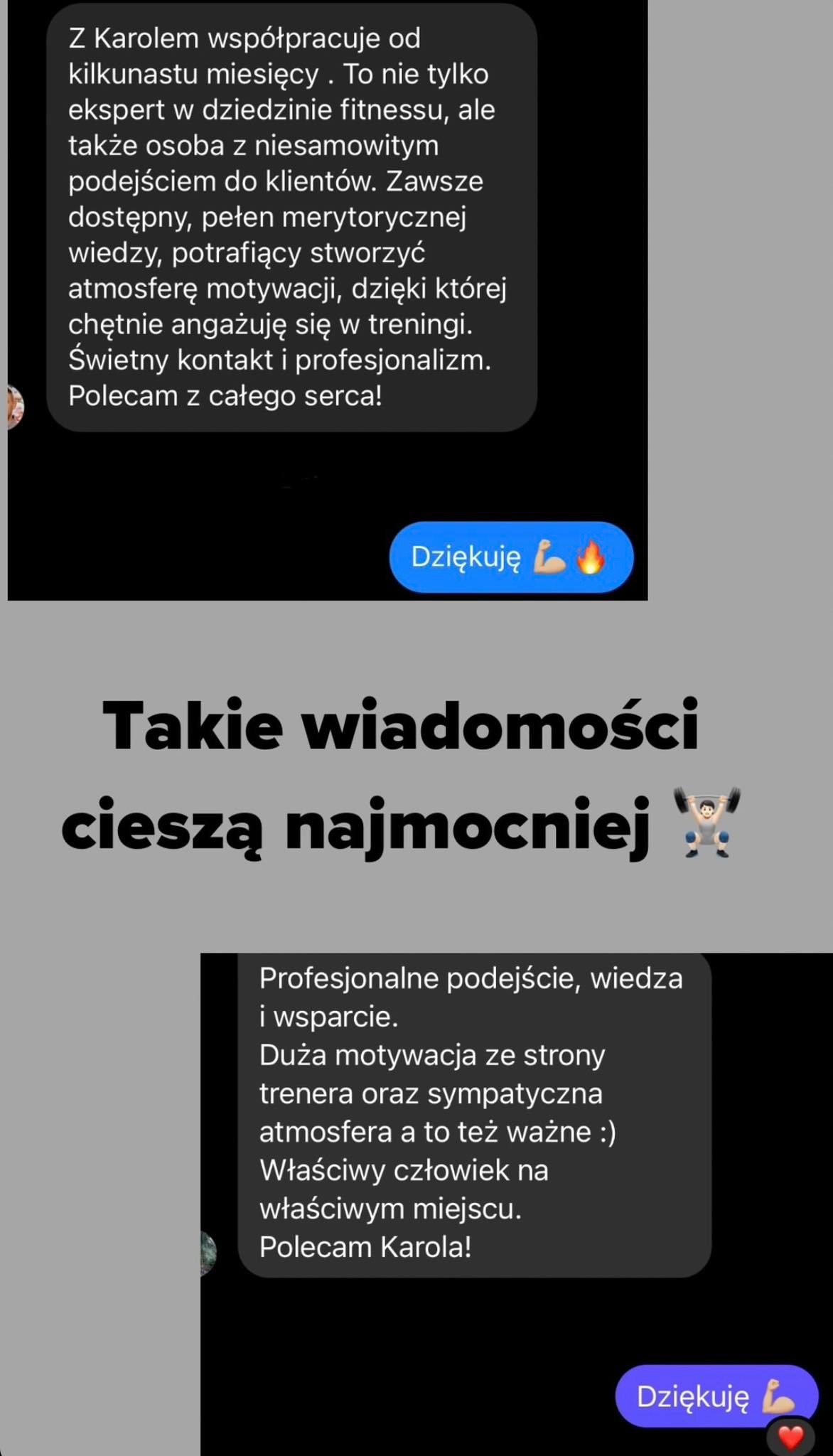Zrzut ekranu z pozytywnymi wiadomościami od klientów, polecających współpracę z ekspertem fitness, podkreślając jego profesjonalizm, wiedzę i motywujące podejście.