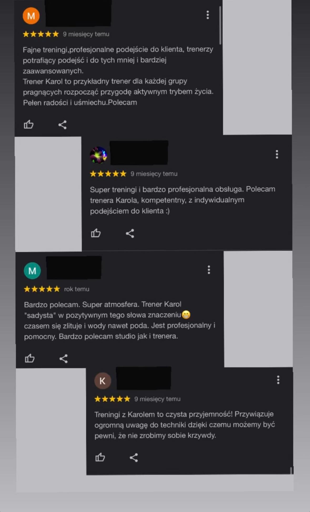 Zrzut ekranu z pozytywnymi opiniami klientów na temat trenera Karola, podkreślających jego profesjonalizm, indywidualne podejście i dbałość o technikę podczas treningów.