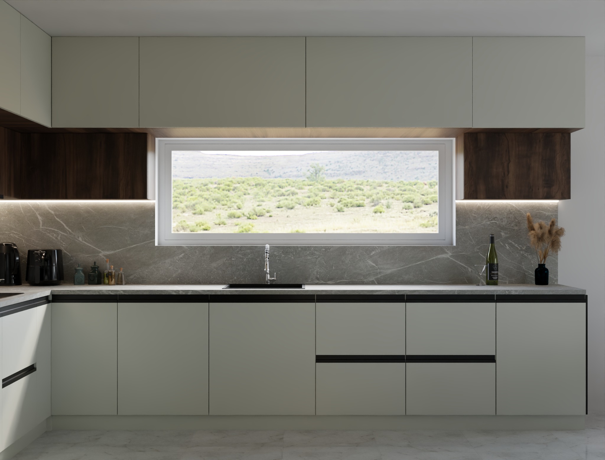 Nowoczesna kuchnia z jasnymi frontami i marmurowym blatem, oświetlona listwą LED. Okno z widokiem na zielony krajobraz. Minimalistyczny design z akcentami drewna.