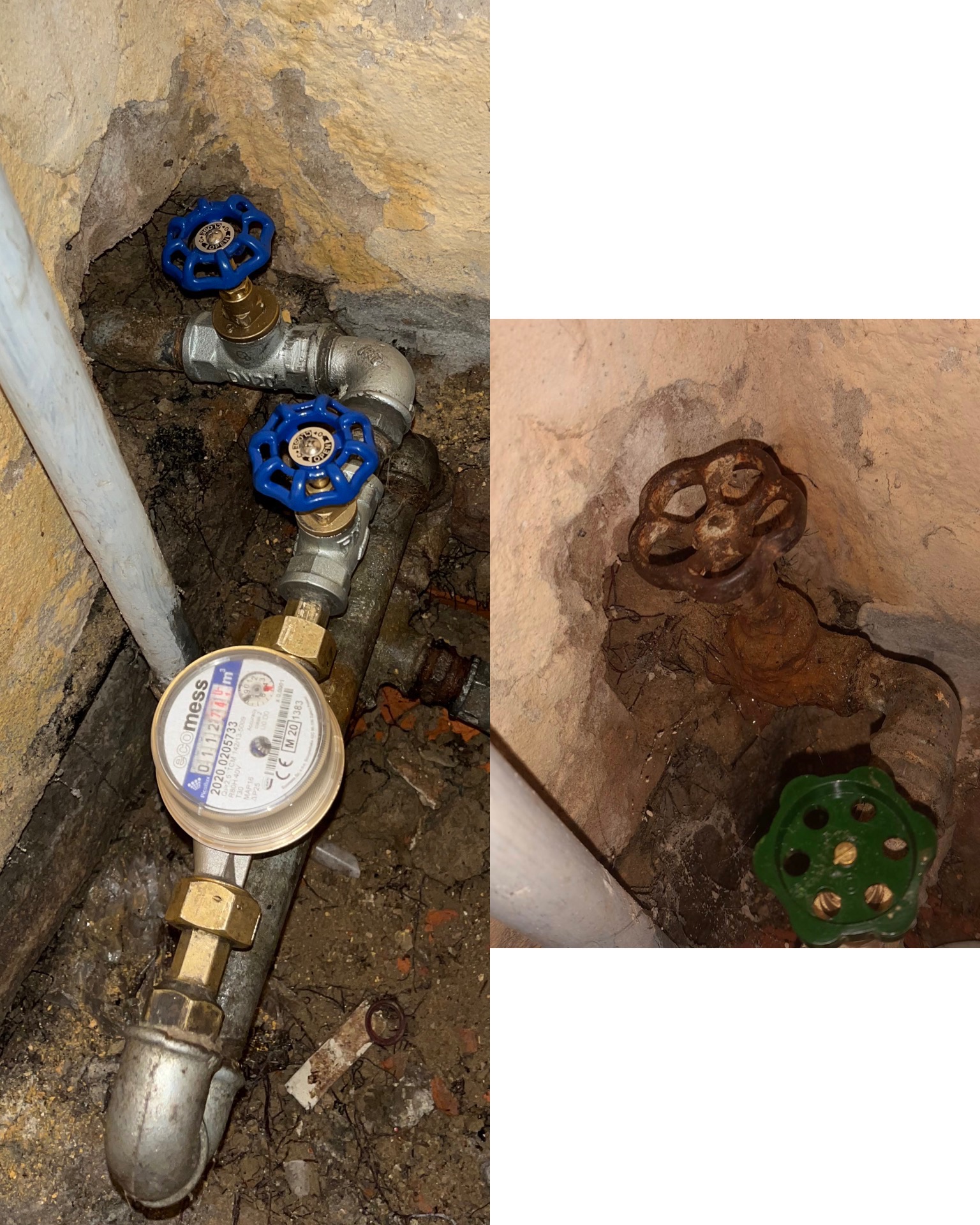 Fragment instalacji wodnej w piwnicy: nowy licznik wody z niebieskimi zaworami odcinającymi oraz stary, zardzewiały zawór z zielonym pokrętłem w tle