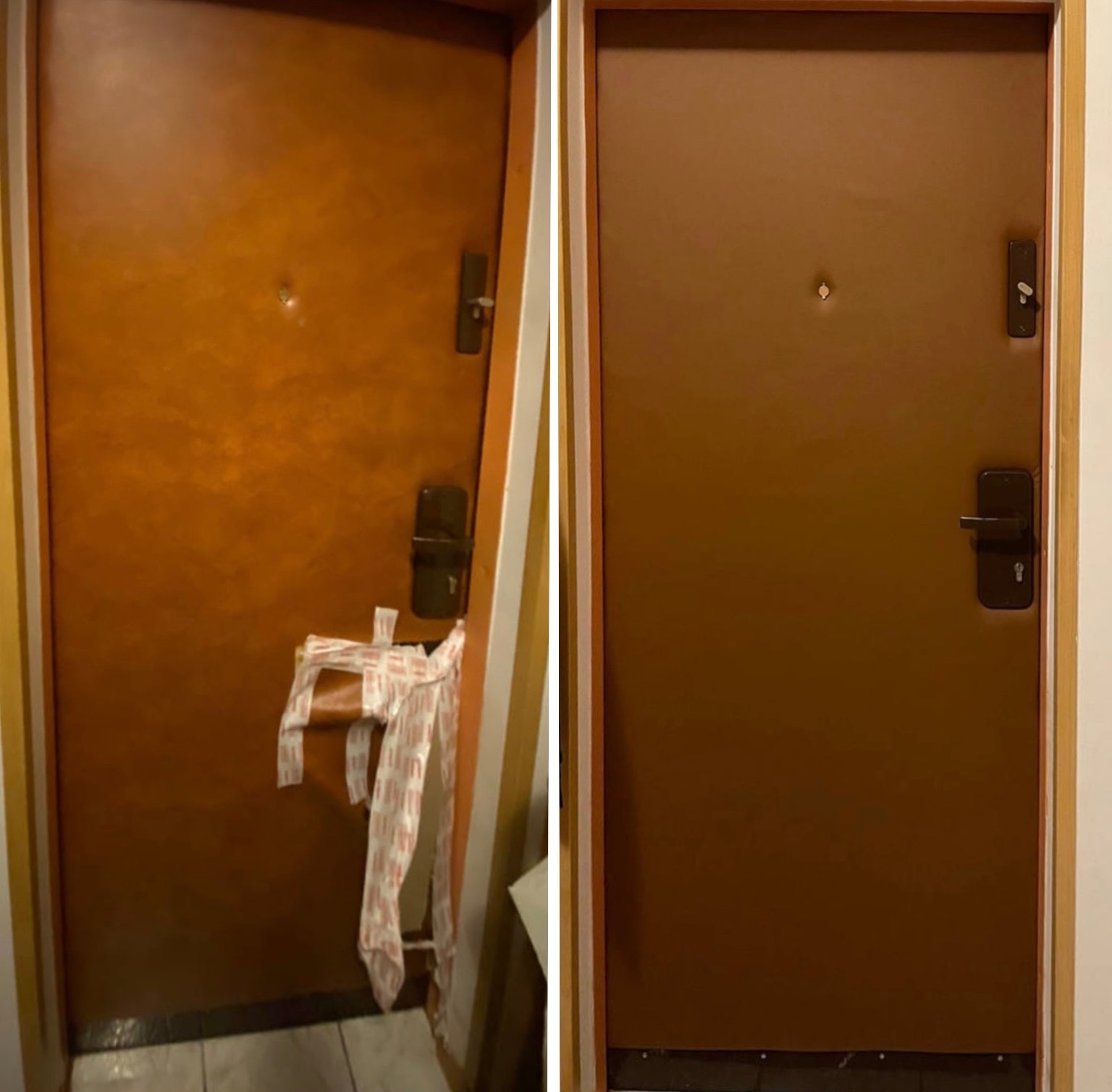 Porównanie: brązowe drzwi wejściowe przed i po renowacji. Po lewej drzwi z uszkodzeniami i taśmą zabezpieczającą, po prawej odnowione drzwi z nowym zamkiem i wizjerem.