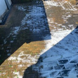 MatGras - Częściowo umyta kostka brukowa z widoczną pianą czyszczącą, kontrastująca z brudną powierzchnią w cieniu, z zaroślami między kostkami i fragmentem węża na dole kadru.