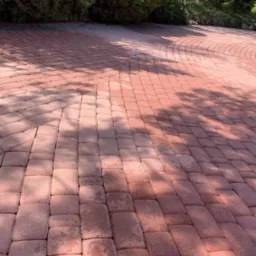 Czerwona kostka brukowa ułożona w łukowaty wzór, częściowo zacieniona, z zielenią w tle. Widok na podjazd lub ścieżkę ogrodową.