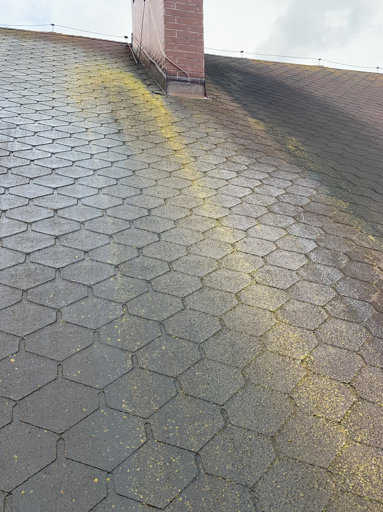 Dach pokryty bitumiczną dachówką, widoczne zabrudzenia i porosty, ceglany komin w tle.