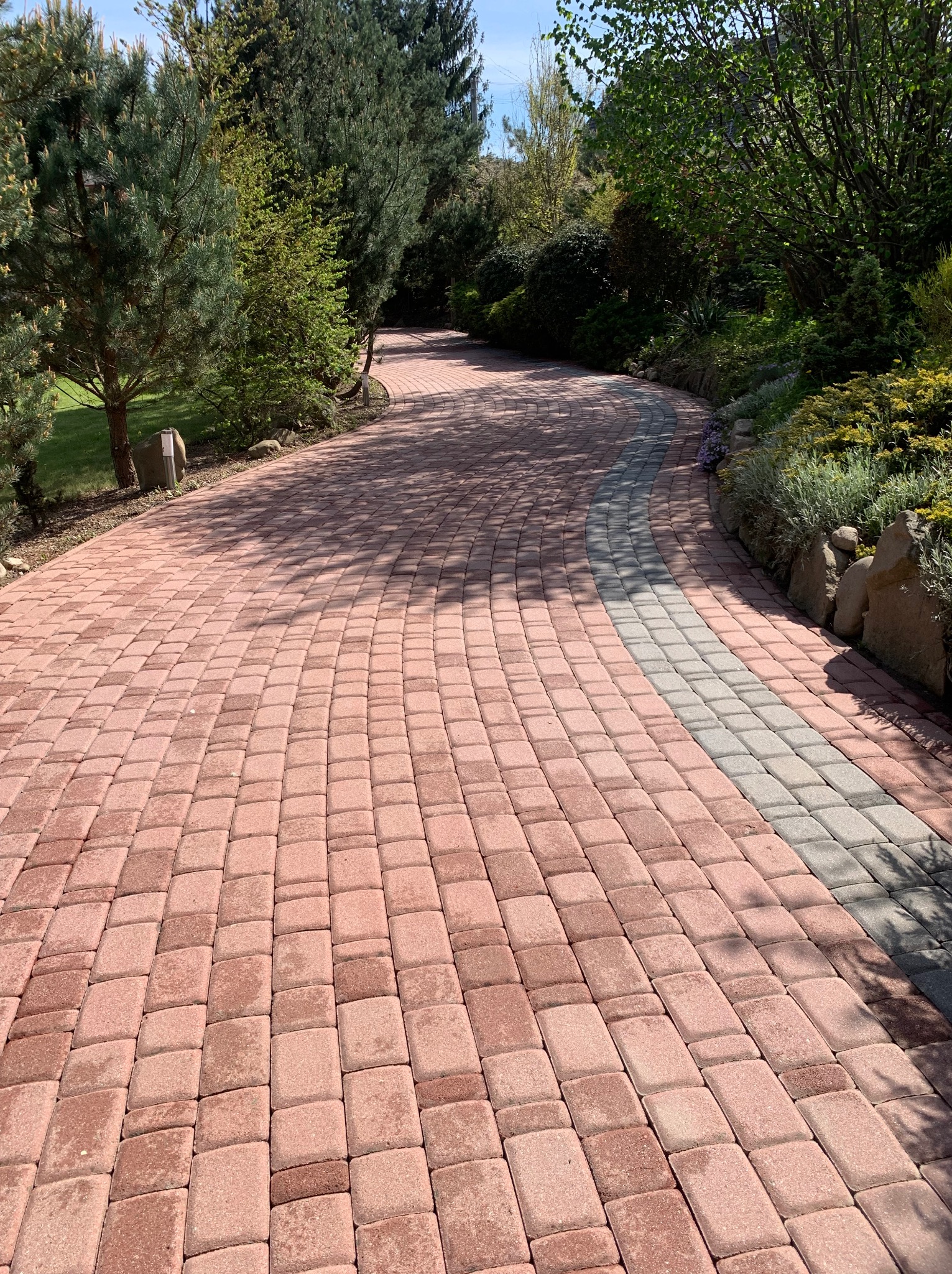 Czerwona kostka brukowa ułożona w łukowaty wzór, oddzielona szarym pasem. Otoczenie to zielona trawa i drzewa w słoneczny dzień. Widok z perspektywy chodnika.