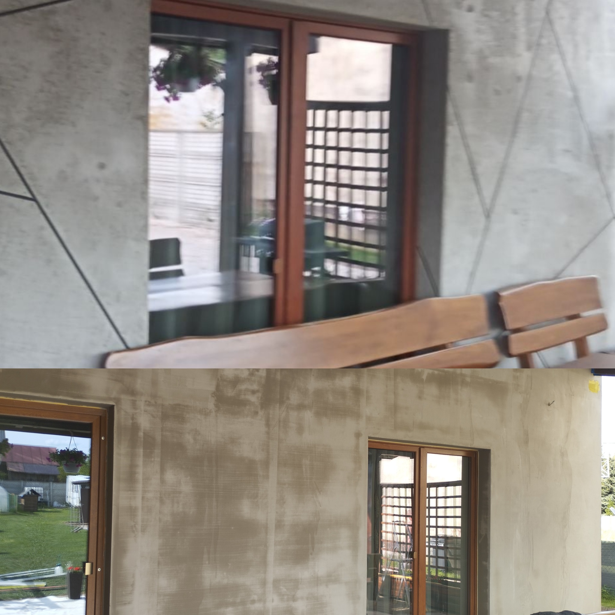 Ściana zewnętrzna po nałożeniu warstwy wyrównującej, przed ostatecznym wykończeniem, widoczne okno z brązową ramą i odbicie otoczenia.