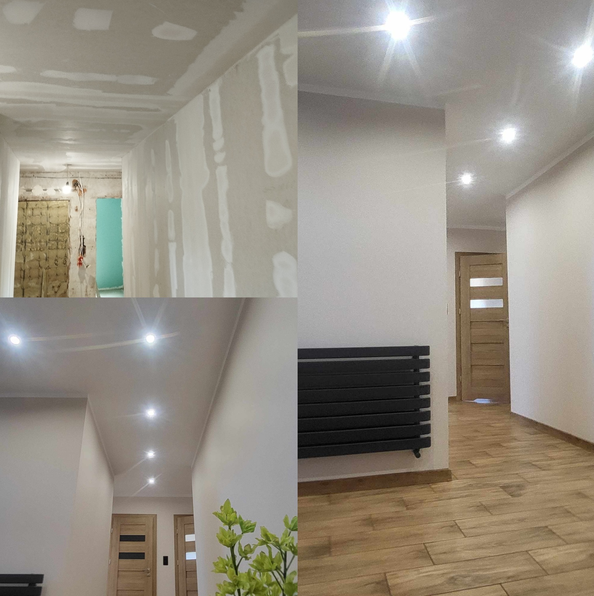 Kolaż przedstawiający korytarz w dwóch fazach: surowy stan z widocznymi śladami po szpachlowaniu oraz wykończony korytarz z oświetleniem punktowym, grzejnikiem i drewnopodobną podłogą.