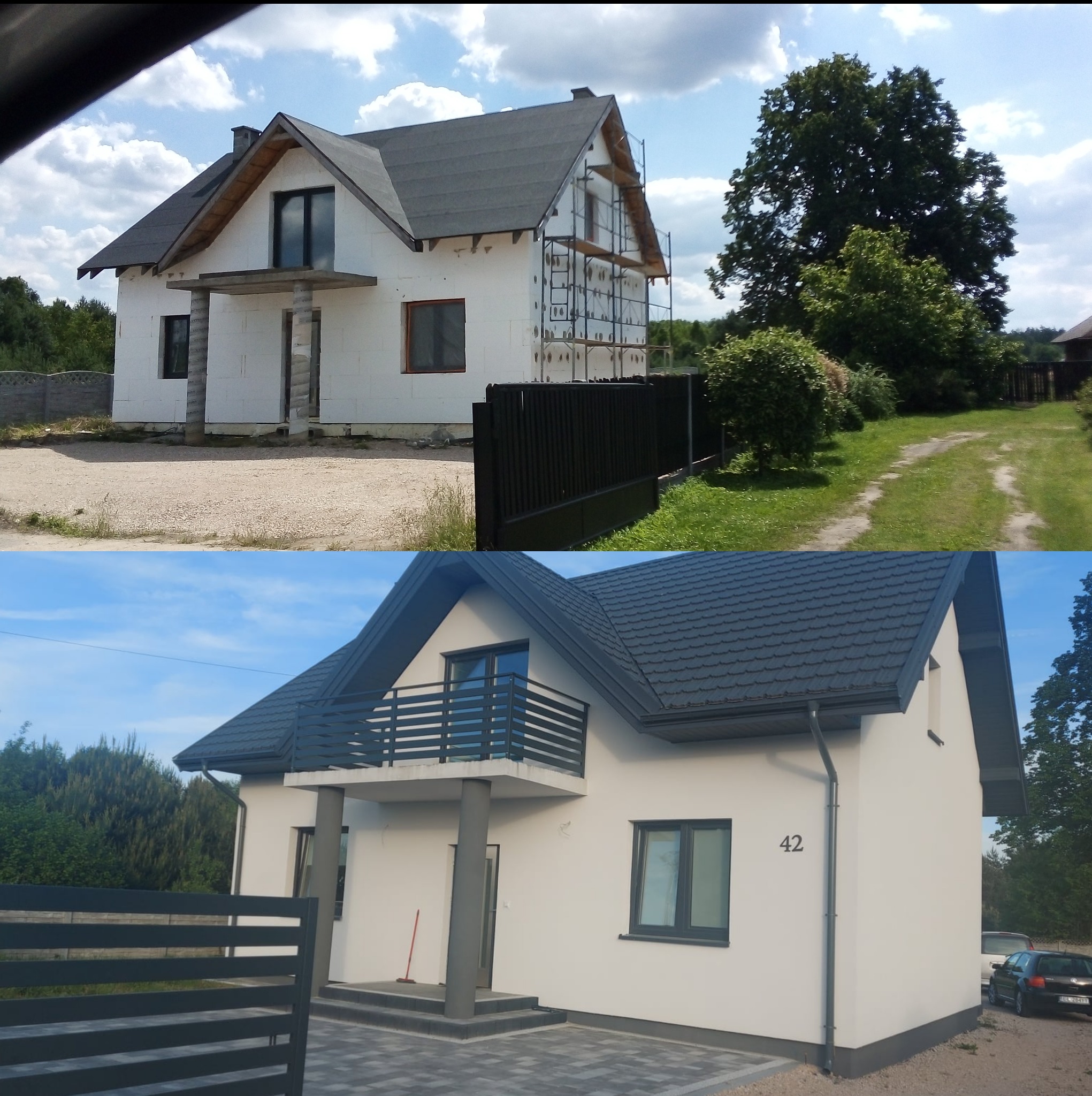 Porównanie stanu przed i po: dom jednorodzinny z szarą dachówką, przed ociepleniem elewacji z widocznymi rusztowaniami i po, z ocieploną i pomalowaną elewacją w kolorze białym, szarą stolarką...