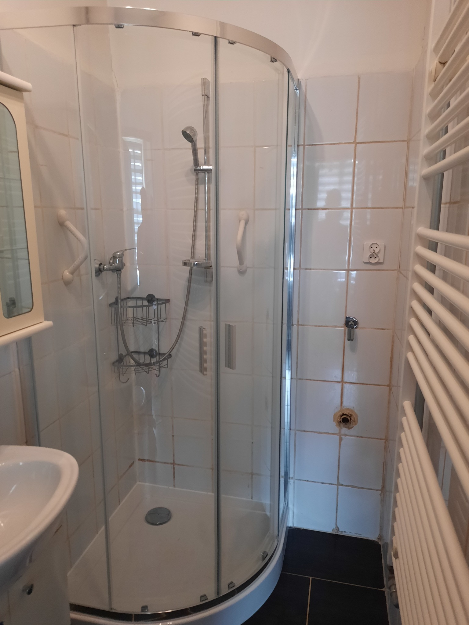 Kabina prysznicowa z armaturą, uchwytem i półką w łazience z białymi płytkami. Widoczny grzejnik drabinkowy i umywalka. Ujęcie od strony wejścia do kabiny.