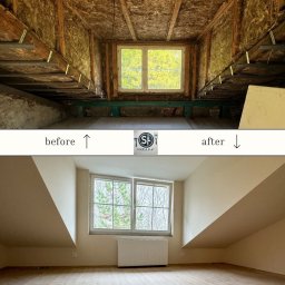 SIMPLE FLAT SPÓŁKA Z OGRANICZONĄ ODPOWIEDZIALNOŚCIĄ - Porównanie strychu przed i po adaptacji: surowa przestrzeń z izolacją i oknem, przekształcona w jasne, wykończone pomieszczenie z podłogą, grzejnikiem i oknem.