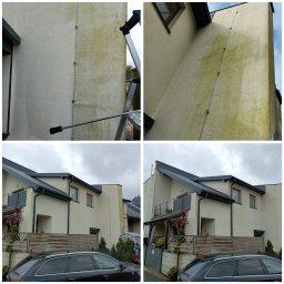 Czyszczenie kostki i elewacji - Czteropanelowe ujęcie elewacji budynku przed i w trakcie czyszczenia, widoczne różnice w kolorze i stopniu zabrudzenia, drabina oparta o ścianę, dysza myjki ciśnieniowej w użyciu.