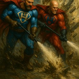 Czyszczenie kostki i elewacji - Dwóch superbohaterów w kostiumach, myjących powierzchnię strumieniem wody pod ciśnieniem, w dynamicznej, malarskiej kompozycji.