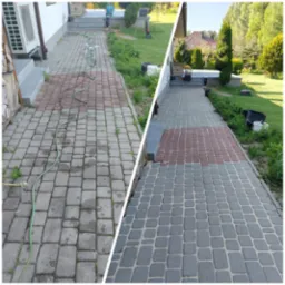 Efekt przed i po czyszczenia kostki brukowej: po lewej brudna, po prawej czysta, szaro-czerwona kostka, widok z perspektywy.