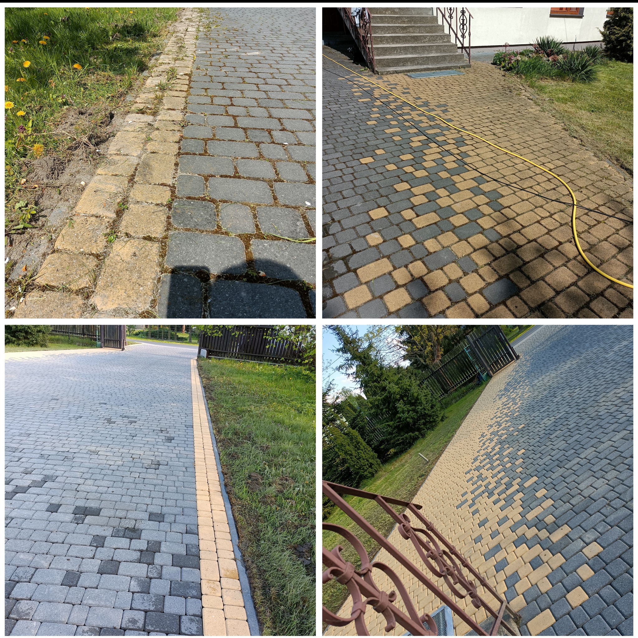 Cztery ujęcia kostki brukowej: przed i po czyszczeniu, z użyciem węża ogrodowego, ukazujące różnicę w kolorze i usunięcie zabrudzeń.