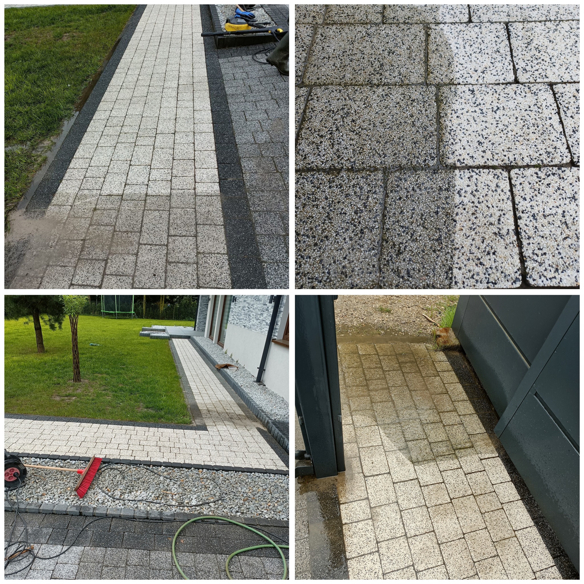 Cztery ujęcia kostki brukowej: widok ogólny ścieżki, zbliżenie na czyszczoną powierzchnię z widoczną różnicą, widok ścieżki wzdłuż domu z ogrodem, oraz mokra kostka przy bramie.