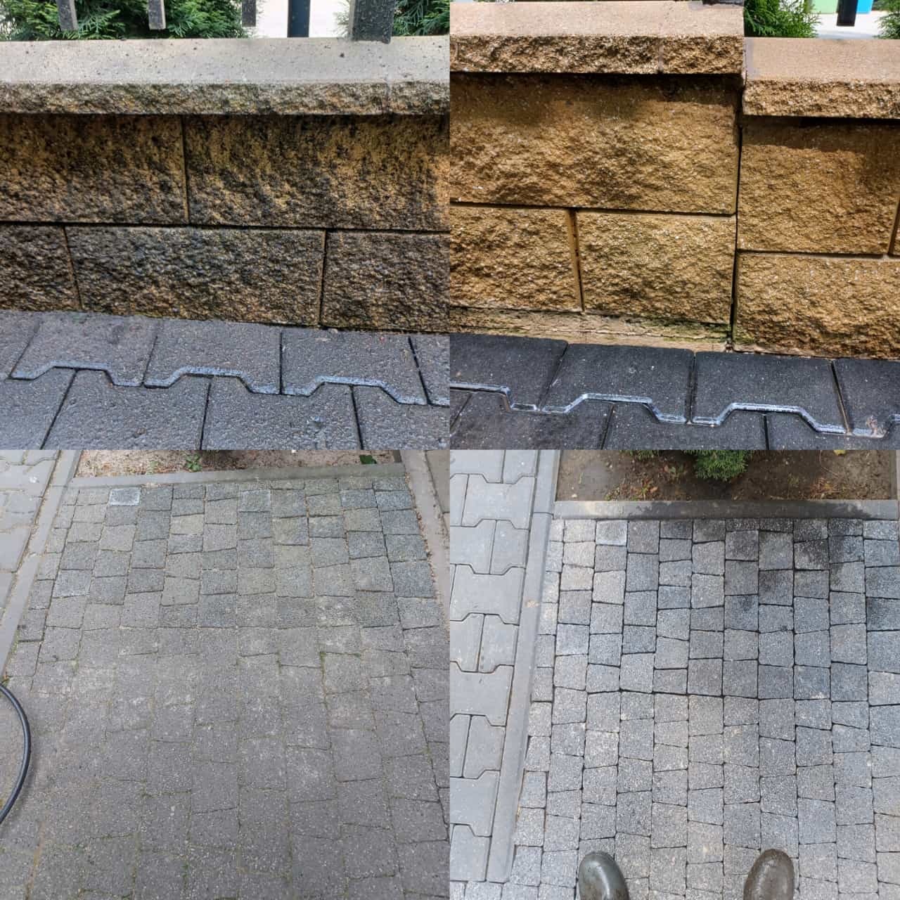 Porównanie stanu kostki brukowej i fragmentu elewacji przed i po czyszczeniu, widoczne różnice w kolorze i usunięte zabrudzenia.