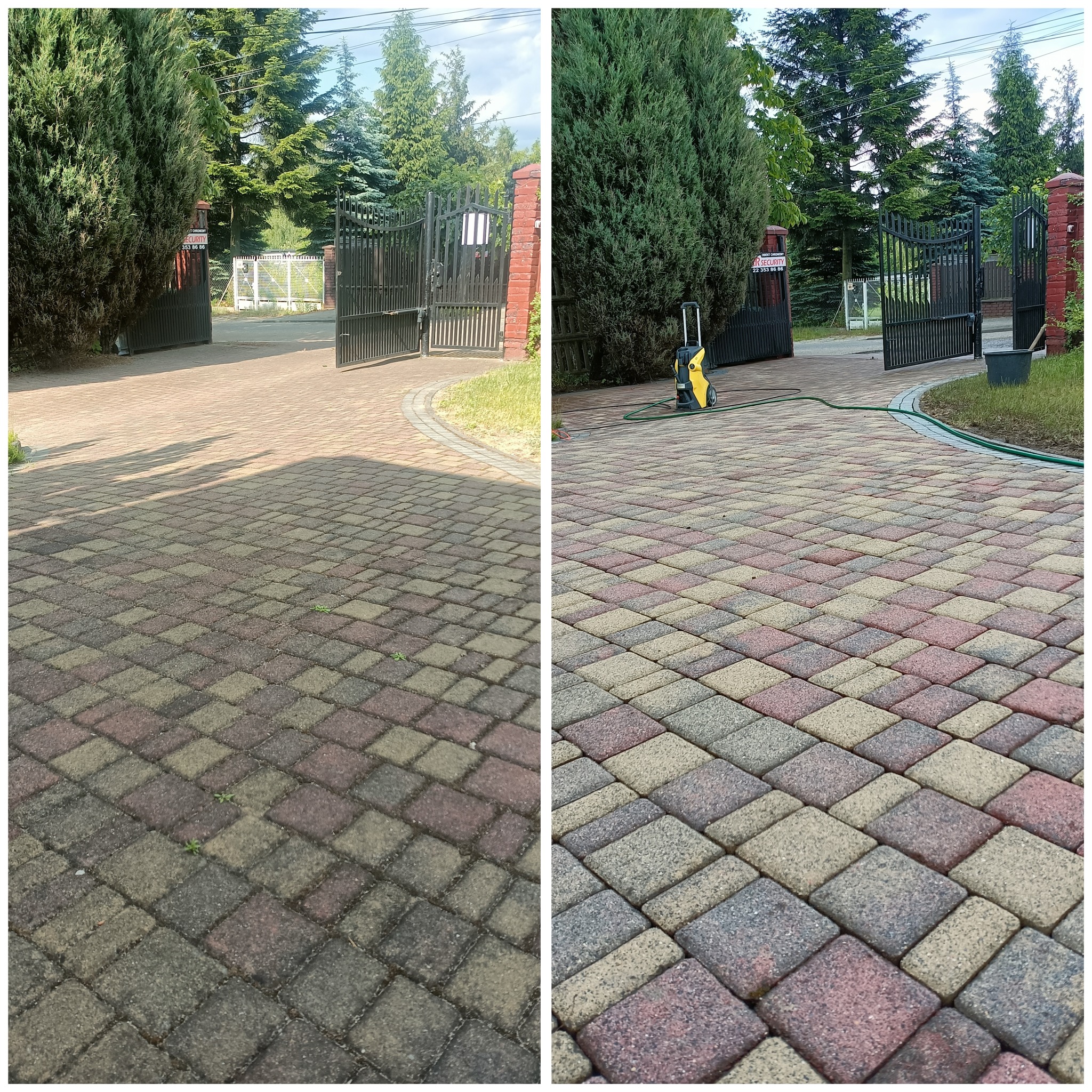 Porównanie kostki brukowej przed i po czyszczeniu, widoczne różnice w kolorze i usunięte zabrudzenia, w tle brama wjazdowa i zieleń.
