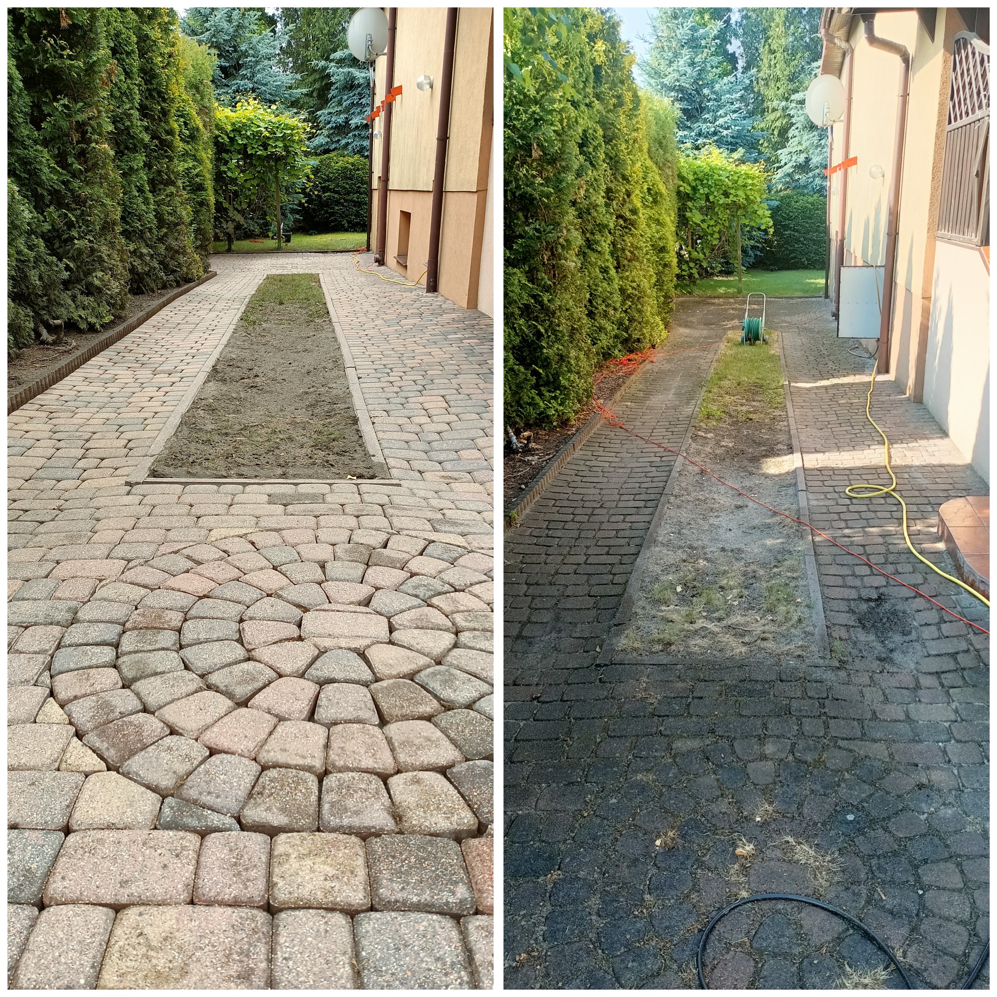 Porównanie kostki brukowej przed i po czyszczeniu: po lewej stronie kostka wielokolorowa ułożona w okrągły wzór, po prawej ciemna kostka po czyszczeniu, widoczny wąż ciśnieniowy.