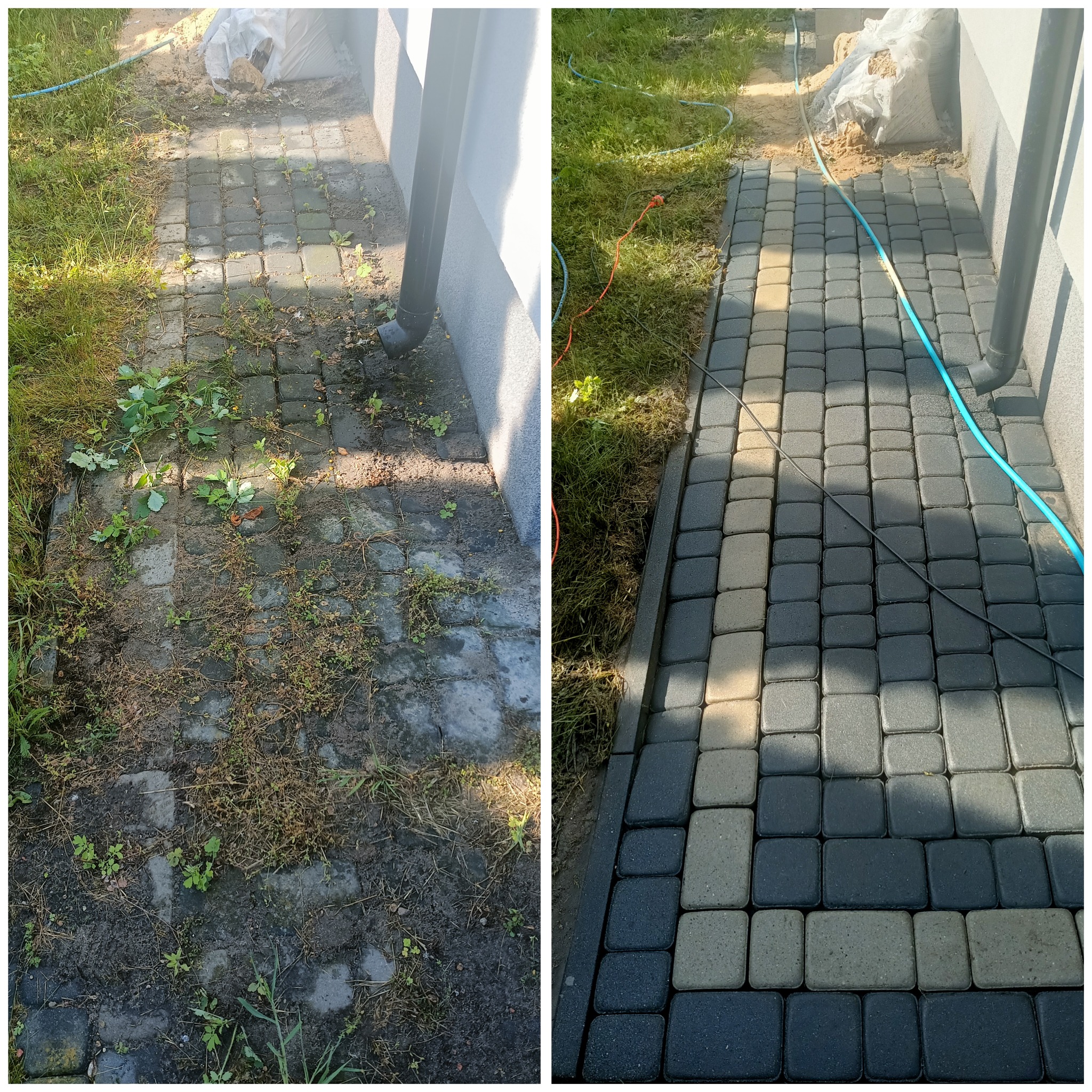 Porównanie stanu kostki brukowej przed i po czyszczeniu: zarośnięta i zabrudzona kostka po lewej, czysta i odświeżona po prawej, z widoczną rurą spustową i fragmentami trawnika.