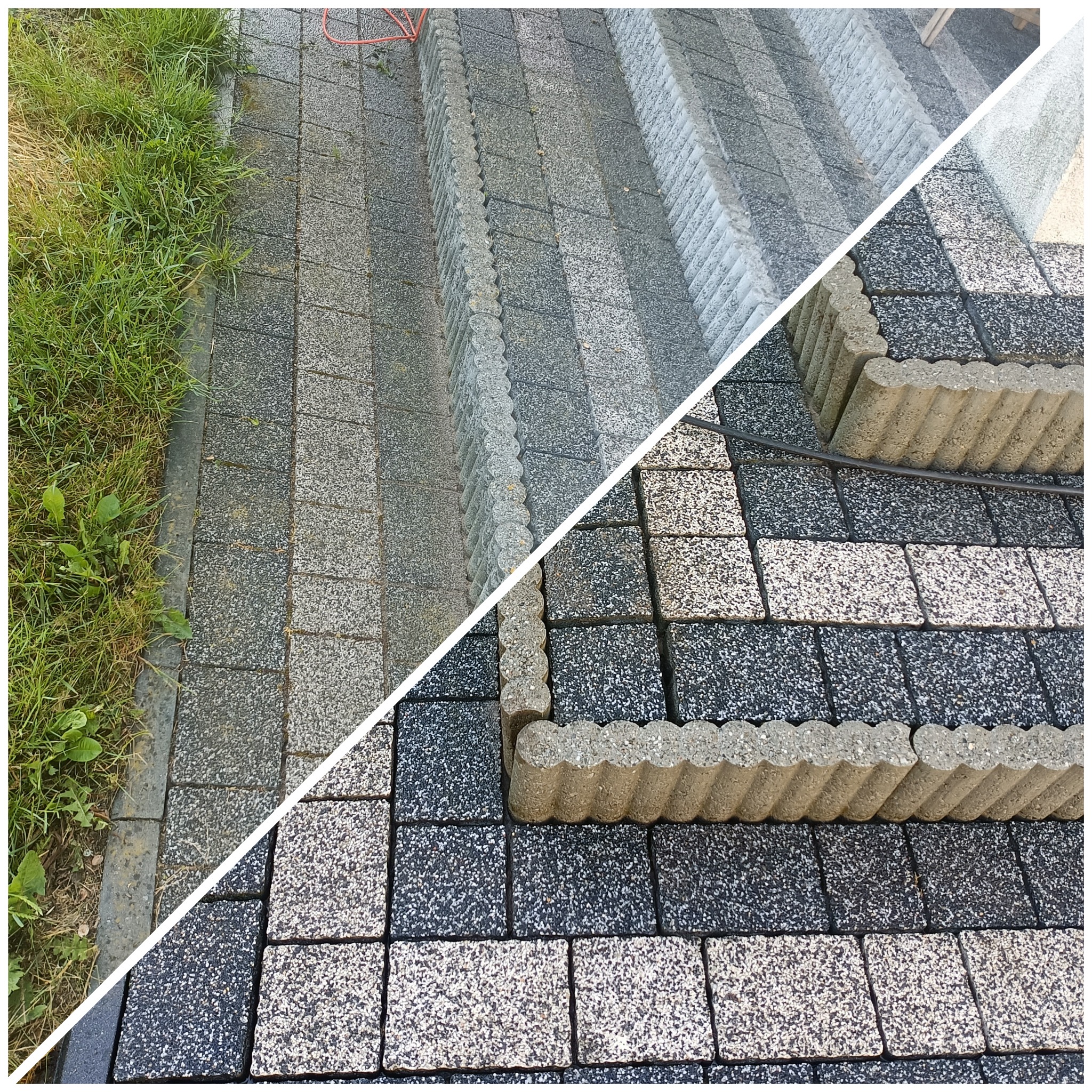 Porównanie kostki brukowej przed i po czyszczeniu, widoczne różnice w kolorze i usunięty brud, kontrastujące z zielenią trawy po lewej stronie.