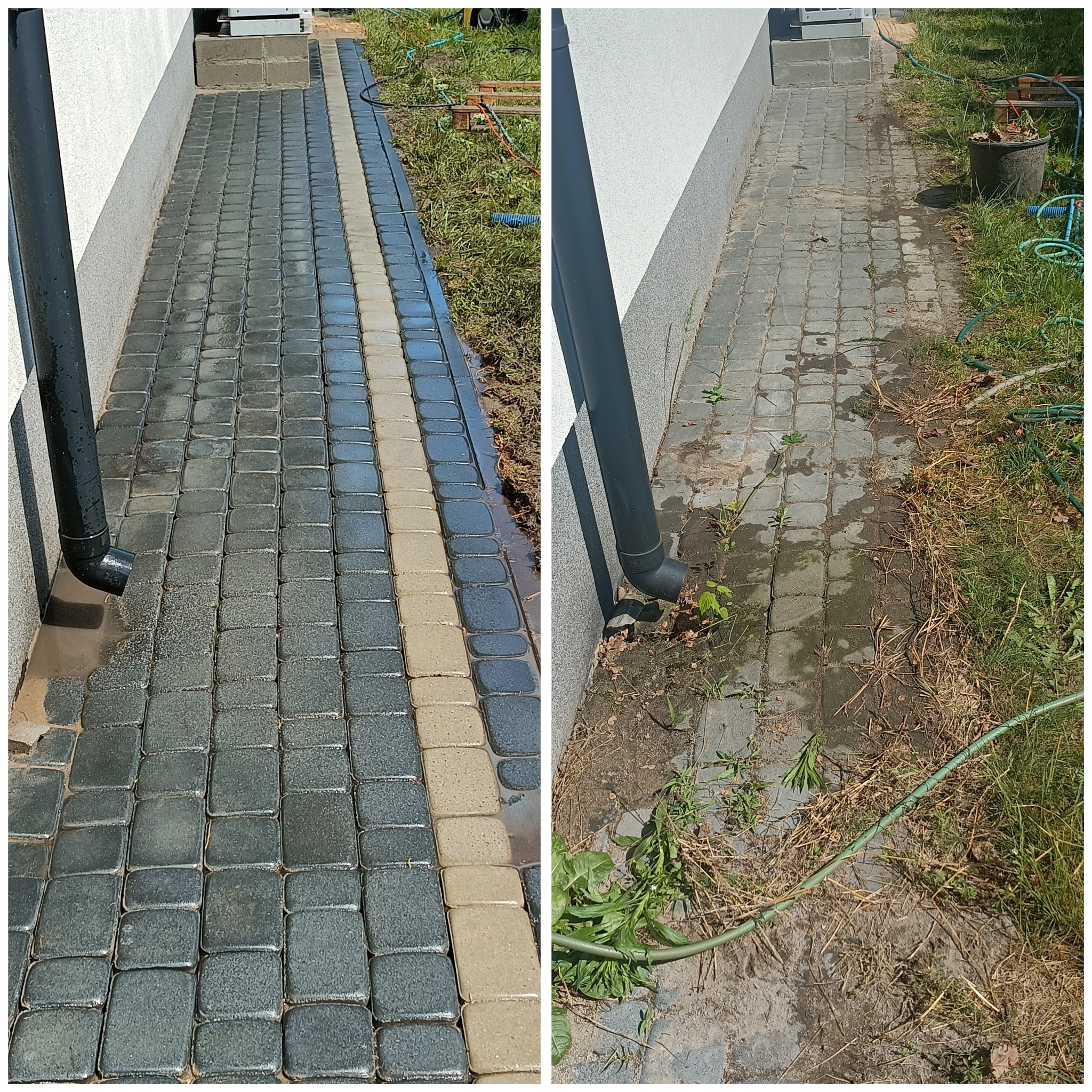 Porównanie stanu kostki brukowej przed i po myciu: po lewej stronie czysta, mokra kostka w odcieniach szarości i beżu, po prawej zabrudzona kostka z widocznymi śladami ziemi i roślinności.