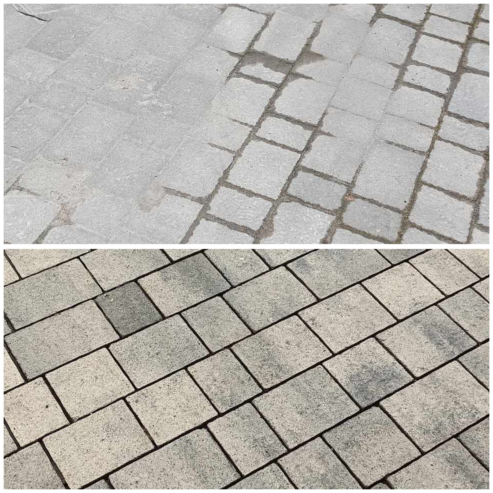 Porównanie kostki brukowej: górna część zdjęcia ukazuje powierzchnię przed czyszczeniem, z widocznymi zabrudzeniami i zaciekami, dolna część prezentuje kostkę po czyszczeniu, z odzyskanym...