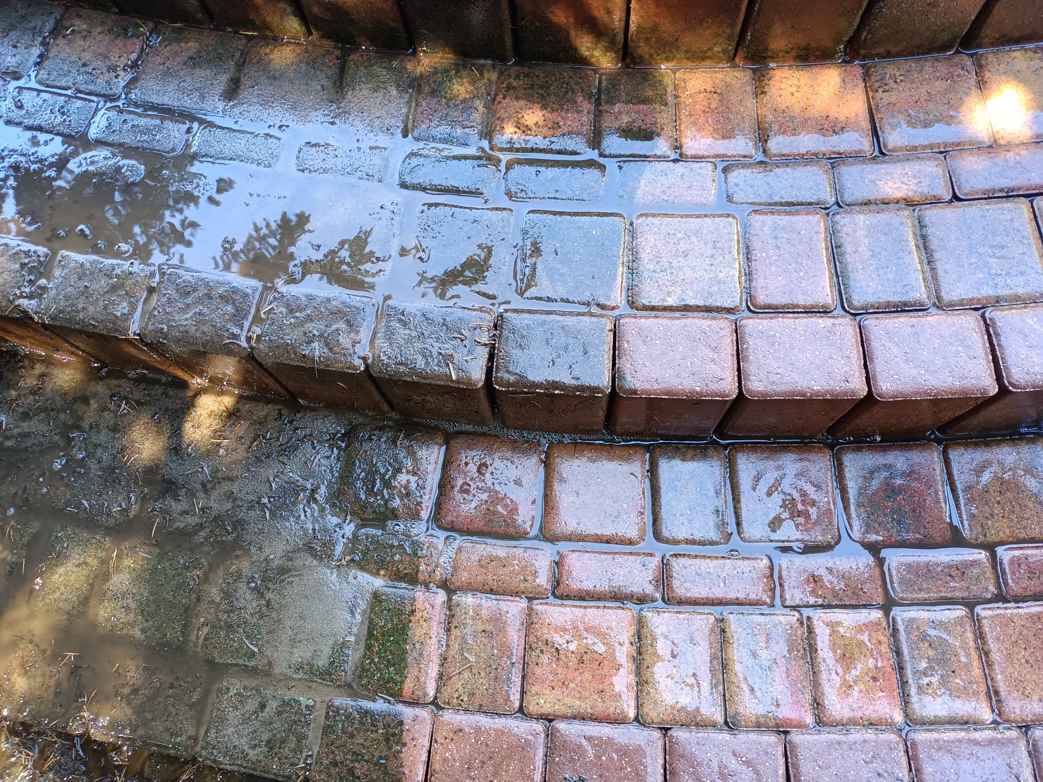 Umyta część schodów z kostki brukowej, z widoczną różnicą w kolorze i czystości między mokrą, nieumytą częścią pokrytą glonami, a czystą, wilgotną kostką. W zagłębieniach stoi woda.