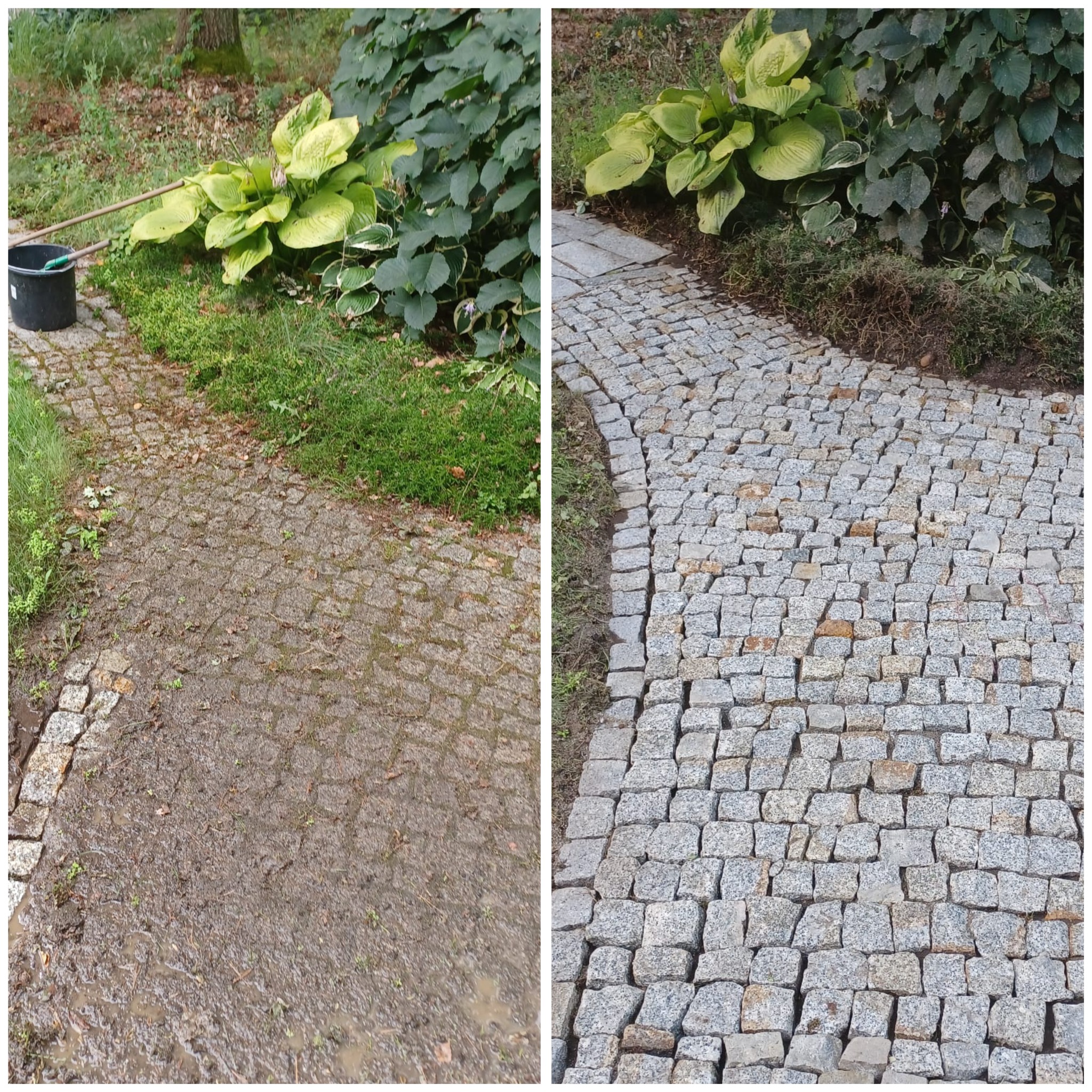Porównanie stanu kostki brukowej przed i po czyszczeniu: zabrudzona, mokra nawierzchnia po lewej stronie i czysta, sucha kostka po prawej, z widocznym wiaderkiem i kijem w tle.