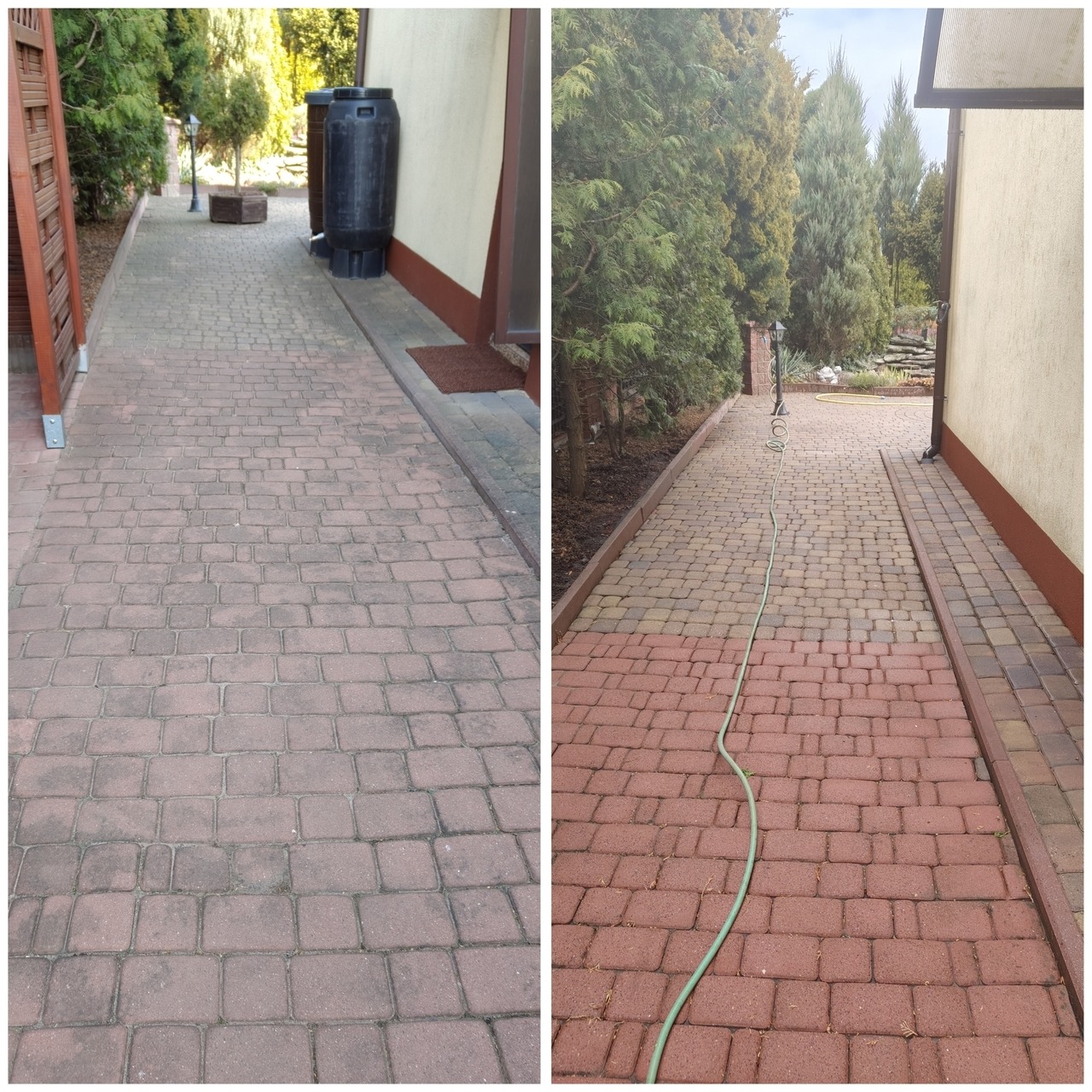 Porównanie stanu kostki brukowej przed i po czyszczeniu; po prawej stronie widoczny wąż ogrodowy.