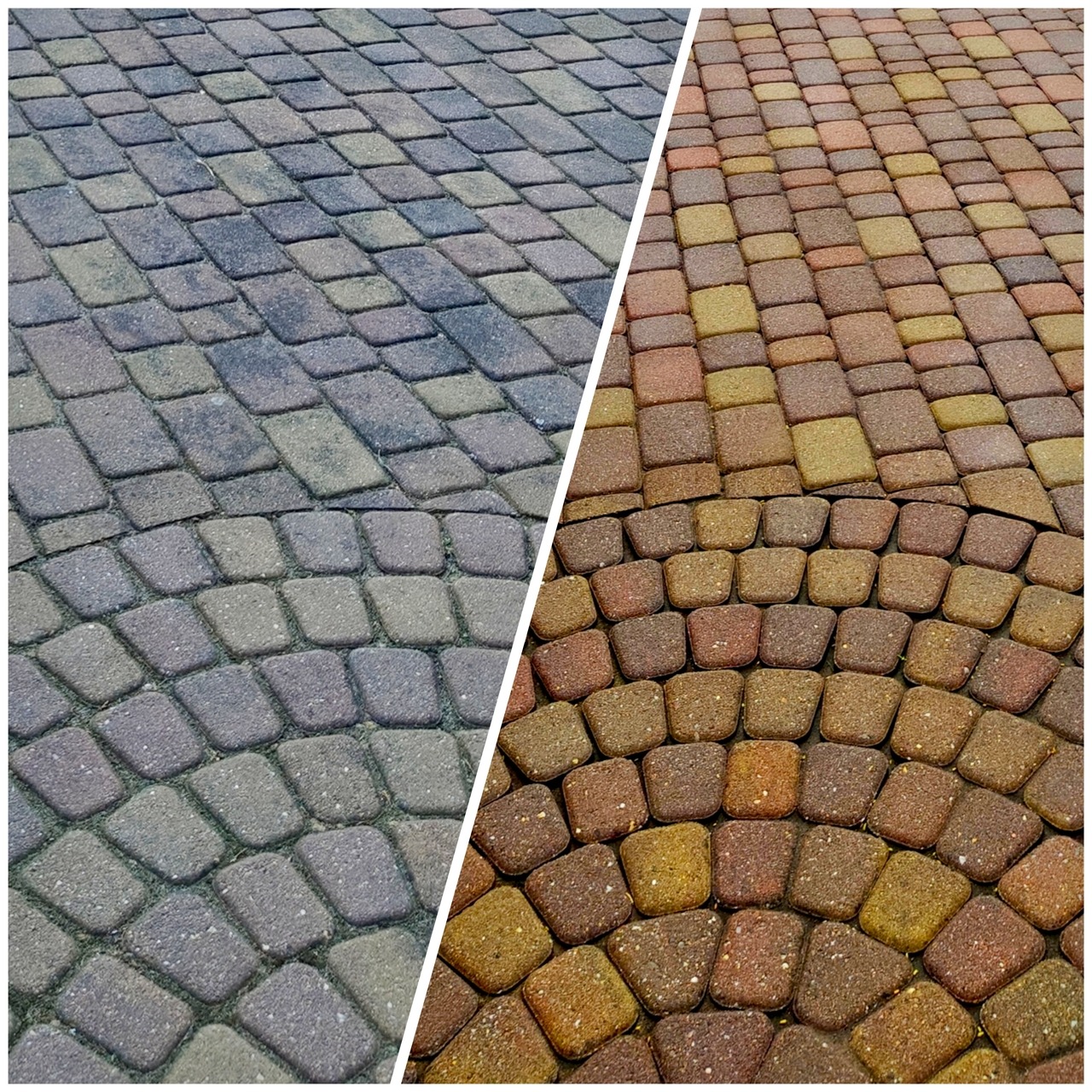 Porównanie: fragment kostki brukowej przed i po czyszczeniu, ukazujący różnicę w kolorze i wyglądzie.