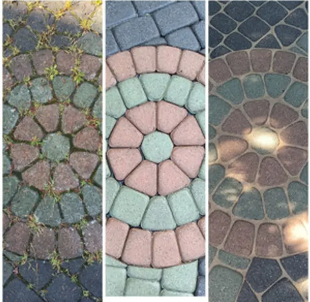 Trzy fragmenty nawierzchni z kostki brukowej ułożonej w okrągłe wzory; po lewej kostka zarośnięta trawą, pośrodku świeżo ułożona kostka w pastelowych kolorach, po prawej kostka w odcieniach...