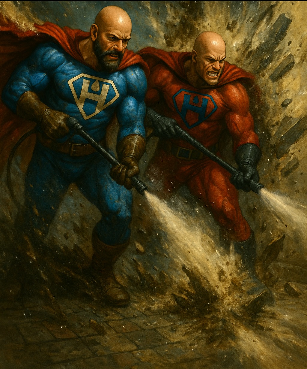 Dwóch superbohaterów w kostiumach, myjących powierzchnię strumieniem wody pod ciśnieniem, w dynamicznej, malarskiej kompozycji.