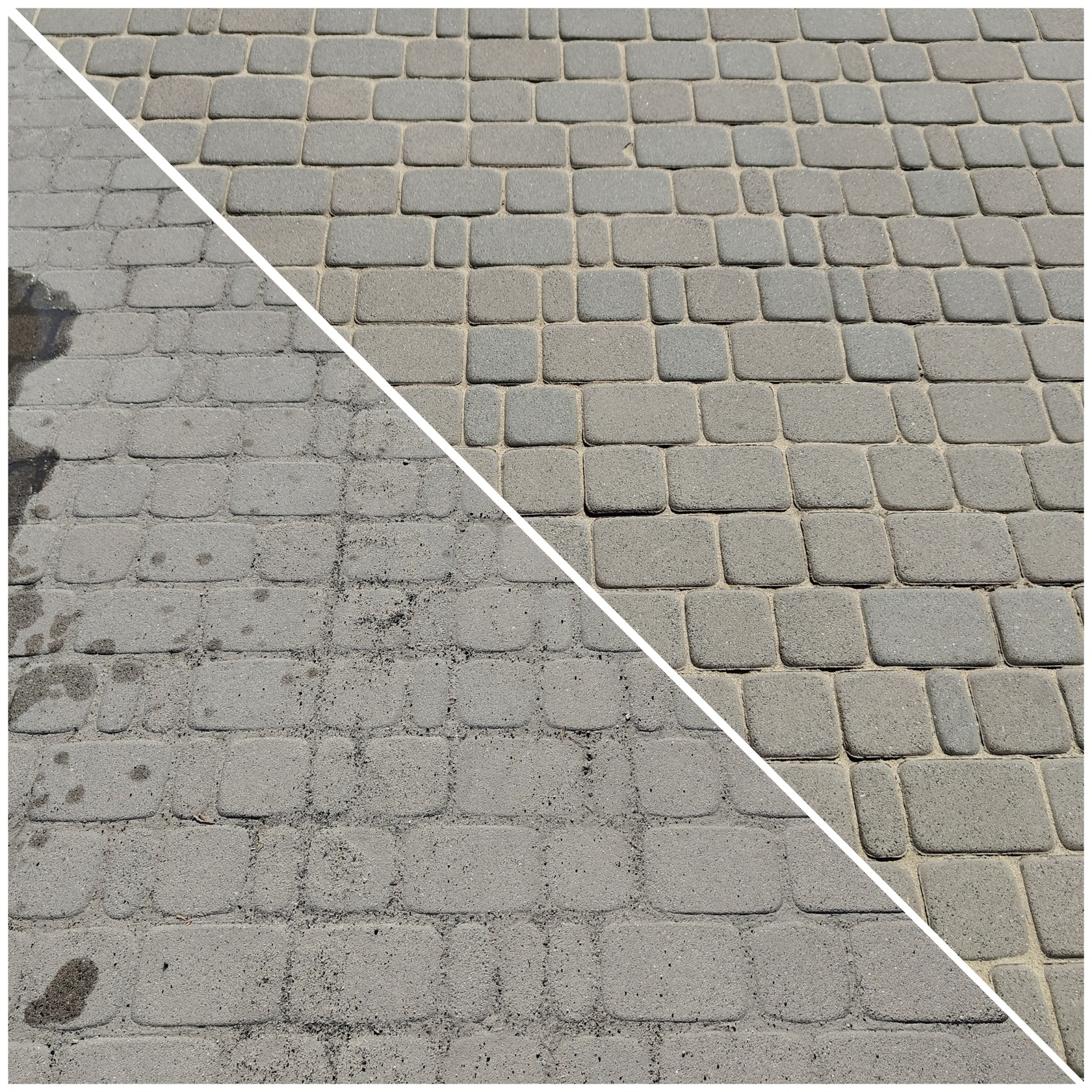 Szara kostka brukowa: lewa strona zabrudzona, prawa czysta, oddzielone białą linią, ukazujące efekt czyszczenia.