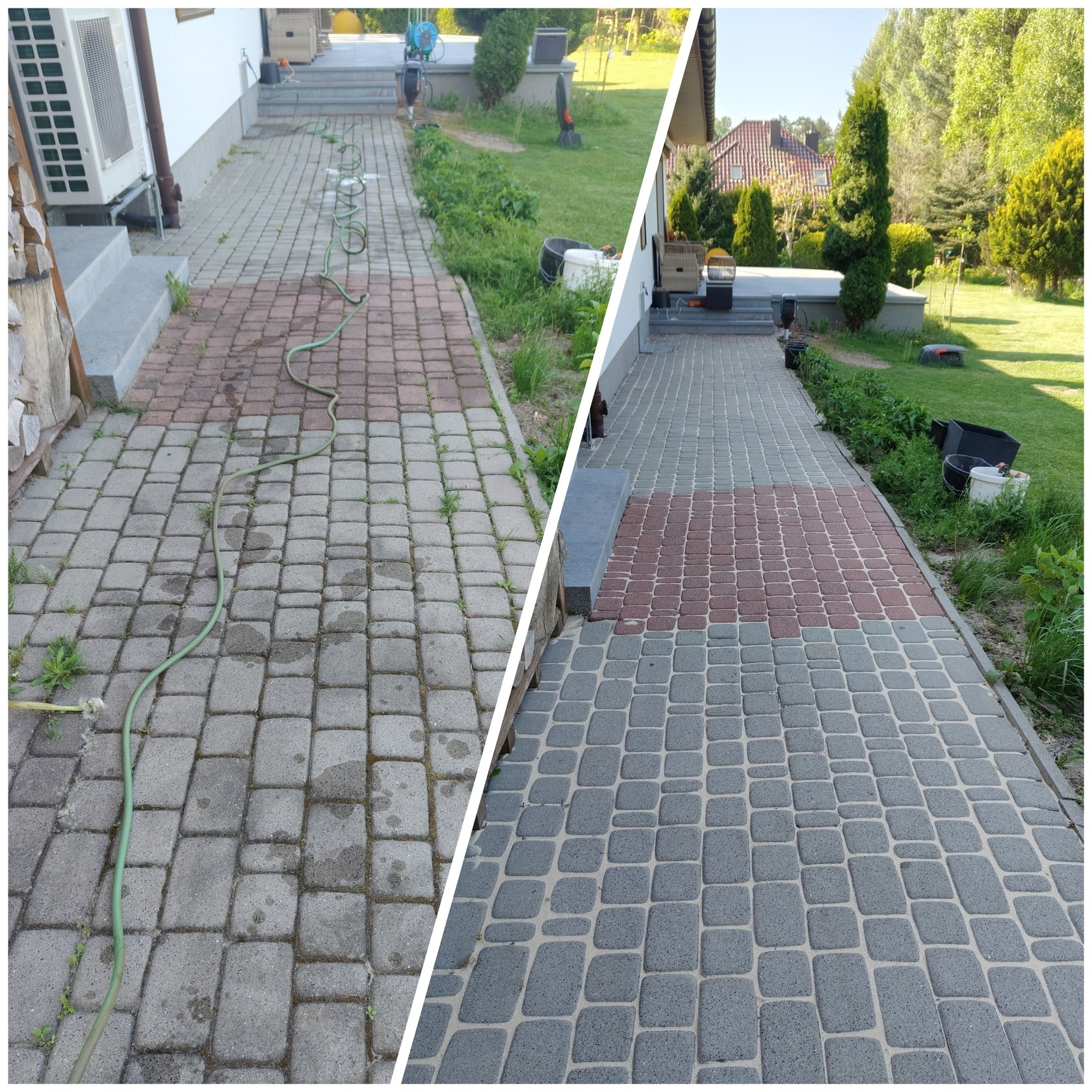 Efekt przed i po czyszczenia kostki brukowej: po lewej brudna, po prawej czysta, szaro-czerwona kostka, widok z perspektywy.
