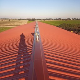DarStal - Czerwony dach hali przemysłowej z turbinami wentylacyjnymi w rzędzie, cień osoby na dachu, widok na pola uprawne w oddali.